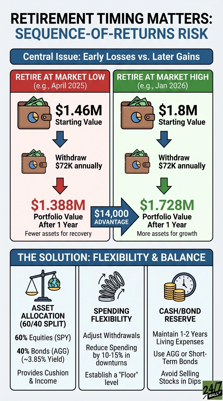 An infographic titled 'Retirement Timing Matters: Sequence-of-Returns Risk' is presented, divided into two main sections: 'Central Issue: Early Losses vs. Later Gains' and 'The Solution: Flexibility &amp; Balance.' The 'Central Issue' section compares two scenarios. On the left, 'Retire at Market Low (e.g., April 2025)' shows a $1.46M starting value, $72K annual withdrawal, leading to a $1.388M portfolio value after 1 year, with fewer assets for recovery. On the right, 'Retire at Market High (e.g., Jan 2026)' shows a $1.8M starting value, $72K annual withdrawal, resulting in a $1.728M portfolio value after 1 year, with more assets for growth. An arrow indicates a '$14,000 ADVANTAGE' for retiring at a market high. The 'Solution: Flexibility &amp; Balance' section provides three columns: 'Asset Allocation (60/40 Split)' suggesting 60% Equities (SPY) and 40% Bonds (AGG, ~3.85% Yield) for cushion and income; 'Spending Flexibility' advising to adjust withdrawals, reduce spending by 10-15% in downturns, and establish a 'Floor' level; and 'Cash/Bond Reserve' recommending maintaining 1-2 years living expenses using AGG or short-term bonds, and avoiding selling stocks in dips.