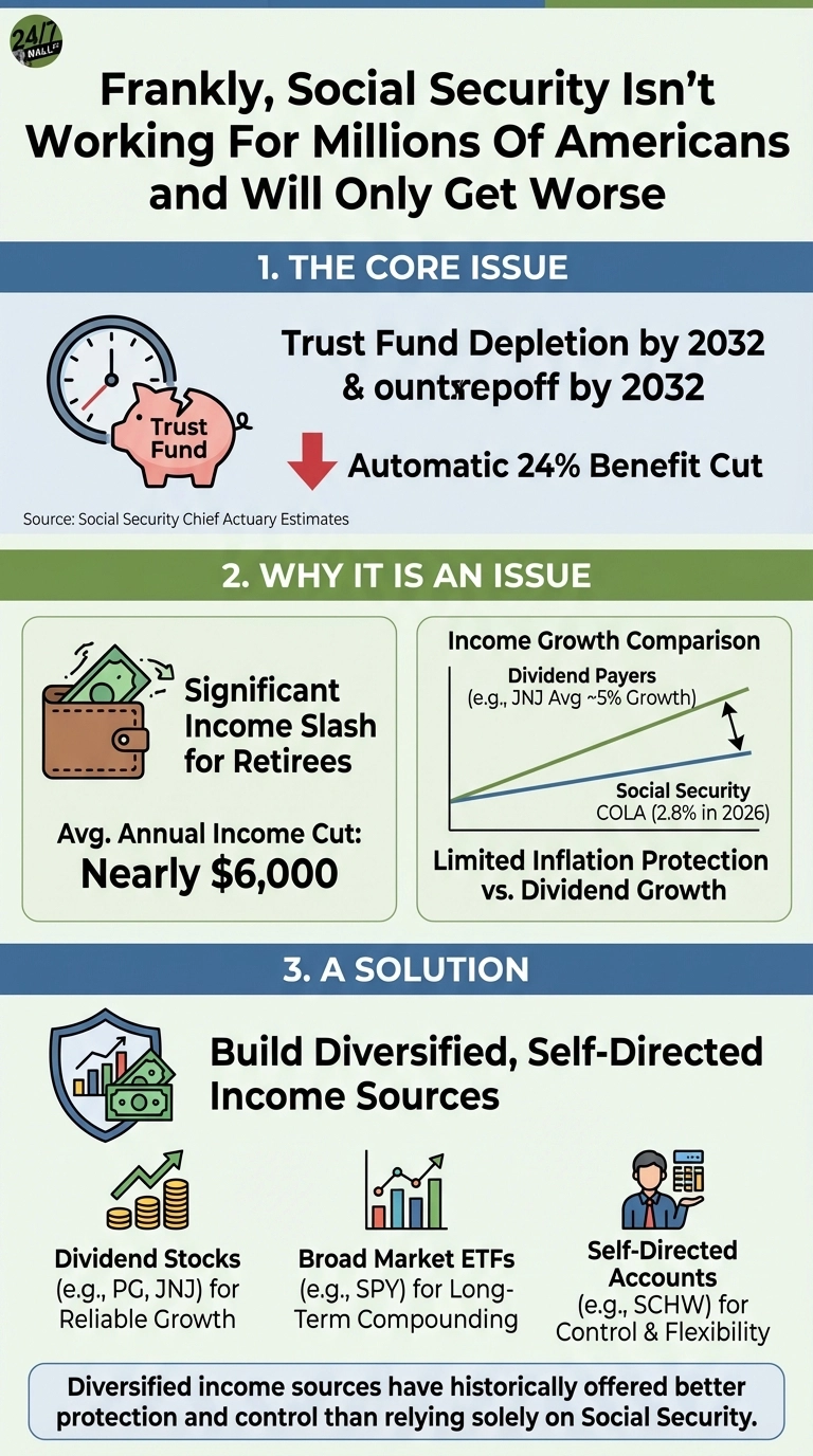 An infographic titled 'Frankly, Social Security Isn't Working For Millions Of Americans and Will Only Get Worse' is presented with a blue header and light green content sections. Section 1, 'THE CORE ISSUE,' displays a clock next to a broken piggy bank labeled 'Trust Fund,' with text indicating 'Trust Fund Depletion by 2032' and an 'Automatic 24% Benefit Cut.' The source is 'Social Security Chief Actuary Estimates.' Section 2, 'WHY IT IS AN ISSUE,' has two content boxes. The first shows a wallet with money flying out and text 'Significant Income Slash for Retirees' and 'Avg. Annual Income Cut: Nearly $6,000.' The second box contains an 'Income Growth Comparison' line graph, showing 'Dividend Payers (e.g., JNJ Avg ~5% Growth)' with a green line above 'Social Security COLA (2.8% in 2026)' with a blue line, along with text 'Limited Inflation Protection vs. Dividend Growth.' Section 3, 'A SOLUTION,' is titled 'Build Diversified, Self-Directed Income Sources.' It presents three icons: a shield with graphs and money for 'Dividend Stocks (e.g., PG, JNJ) for Reliable Growth,' a bar chart with an upward arrow for 'Broad Market ETFs (e.g., SPY) for Long-Term Compounding,' and a person at a desk with a calculator for 'Self-Directed Accounts (e.g., SCHW) for Control &amp; Flexibility.' A concluding statement at the bottom reads, 'Diversified income sources have historically offered better protection and control than relying solely on Social Security.'