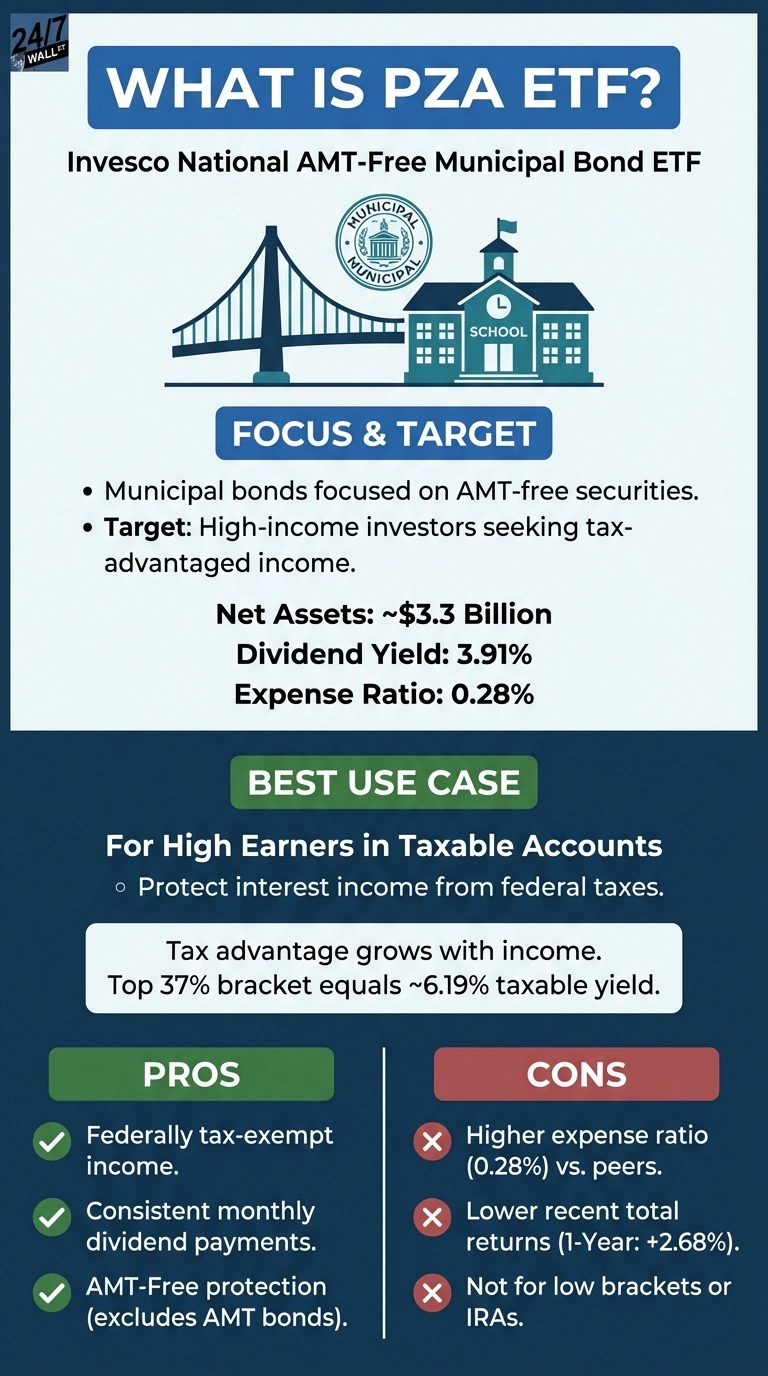 An infographic titled 'WHAT IS PZA ETF?' providing information on the Invesco National AMT-Free Municipal Bond ETF. The upper section features a graphic illustration of a bridge and a school building. Text sections include 'FOCUS &amp; TARGET' outlining municipal bonds focused on AMT-free securities and targeting high-income investors, along with key metrics: Net Assets ~$3.3 Billion, Dividend Yield: 3.91%, Expense Ratio: 0.28%. A 'BEST USE CASE' section highlights its value for high earners in taxable accounts to protect interest income from federal taxes, noting a 37% bracket equals ~6.19% taxable yield. The bottom section presents 'PROS' with three green checkmarks: Federally tax-exempt income, Consistent monthly dividend payments, and AMT-Free protection. Opposite are 'CONS' with three red X marks: Higher expense ratio (0.28%) vs. peers, Lower recent total returns (1-Year: +2.68%), and Not for low brackets or IRAs. The overall color scheme is dark blue, light blue, white, green, and red.