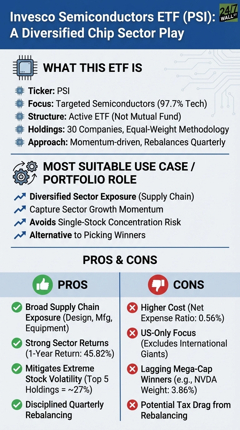 An infographic titled 'Invesco Semiconductors ETF (PSI): A Diversified Chip Sector Play' set against a blue and light gray background with circuit board graphics. The infographic is divided into three sections. The first, 'What This ETF Is,' lists its Ticker: PSI, Focus: Targeted Semiconductors (97.7% Tech), Structure: Active ETF, Holdings: 30 Companies with Equal-Weight Methodology, and Approach: Momentum-driven, Rebalances Quarterly. The second section, 'Most Suitable Use Case / Portfolio Role,' details its purpose for Diversified Sector Exposure, capturing Sector Growth Momentum, avoiding Single-Stock Concentration Risk, and serving as an Alternative to Picking Winners. The third section, 'Pros &amp; Cons,' lists four pros with green checkmarks: Broad Supply Chain Exposure, Strong Sector Returns (1-Year Return: 45.82%), Mitigates Extreme Stock Volatility (Top 5 Holdings = ~27%), and Disciplined Quarterly Rebalancing. It also lists four cons with red X's: Higher Cost (Net Expense Ratio: 0.56%), US-Only Focus (Excludes International Giants), Lagging Mega-Cap Winners (e.g., NVDA Weight: 3.86%), and Potential Tax Drag from Rebalancing.
