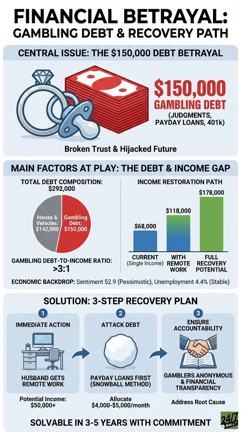 An infographic titled 'Financial Betrayal: Gambling Debt &amp; Recovery Path' details a $150,000 gambling debt crisis. The top section shows a wedding ring, a baby pacifier, and a stack of red bills totaling '$150,000 GAMBLING DEBT (JUDGMENTS, PAYDAY LOANS, 401k)', with the subtitle 'Broken Trust &amp; Hijacked Future'. The middle section, 'MAIN FACTORS AT PLAY: THE DEBT &amp; INCOME GAP', presents a pie chart showing total debt of $292,000, split into $142,000 for House &amp; Vehicles (grey) and $150,000 for Gambling Debt (red), with a Gambling Debt-to-Income Ratio of '>3:1'. Beside it, a bar chart illustrates 'INCOME RESTORATION PATH' with current income at $68,000 (single income, blue), $118,000 with remote work (blue-green gradient), and $178,000 full recovery potential (green). The economic backdrop is noted as Sentiment 52.9 (Pessimistic) and Unemployment 4.4% (Stable). The bottom section, 'SOLUTION: 3-STEP RECOVERY PLAN', outlines: 1. IMMEDIATE ACTION: Husband gets remote work for $50,000+ potential income. 2. ATTACK DEBT: Payday loans first using the snowball method, allocating $4,000-$5,000/month. 3. ENSURE ACCOUNTABILITY: Gamblers Anonymous &amp; Financial Transparency to address the root cause. The infographic concludes that the problem is 'SOLVABLE IN 3-5 YEARS WITH COMMITMENT'.