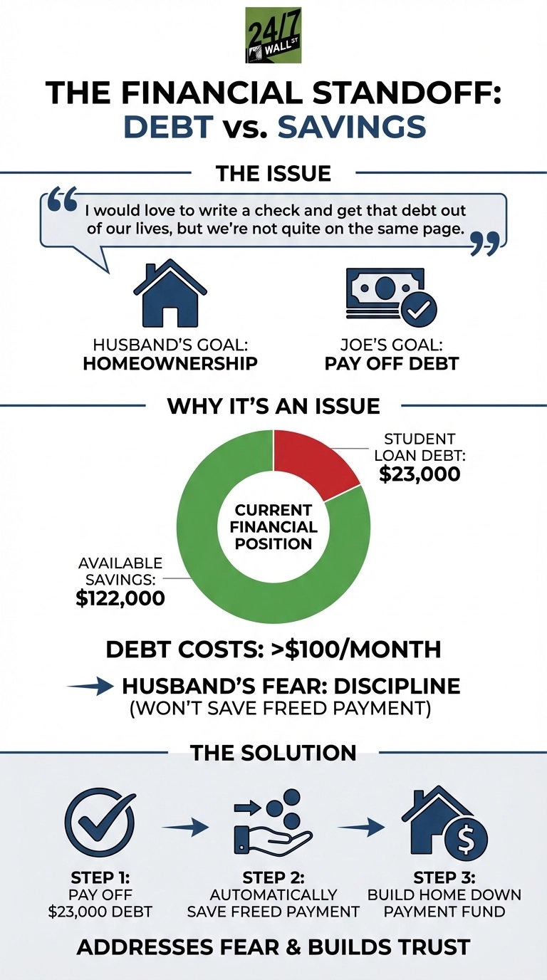 An infographic titled 'THE FINANCIAL STANDOFF: DEBT vs. SAVINGS'. It presents 'THE ISSUE' with a quote about differing financial views, showing the Husband's Goal: Homeownership (represented by a house icon) and Joe's Goal: Pay Off Debt (represented by money with a checkmark). Below, 'WHY IT'S AN ISSUE' features a donut chart labeled 'CURRENT FINANCIAL POSITION', with a large green section for 'AVAILABLE SAVINGS: $122,000' and a smaller red section for 'STUDENT LOAN DEBT: $23,000'. Text notes 'DEBT COSTS: >$100/MONTH' and 'HUSBAND'S FEAR: DISCIPLINE (WON'T SAVE FREED PAYMENT)'. 'THE SOLUTION' is presented in three steps: Step 1: Pay Off $23,000 Debt (checkmark icon), Step 2: Automatically Save Freed Payment (hand with coins icon), and Step 3: Build Home Down Payment Fund (house with dollar sign icon). The infographic concludes with 'ADDRESSES FEAR &amp; BUILDS TRUST'.