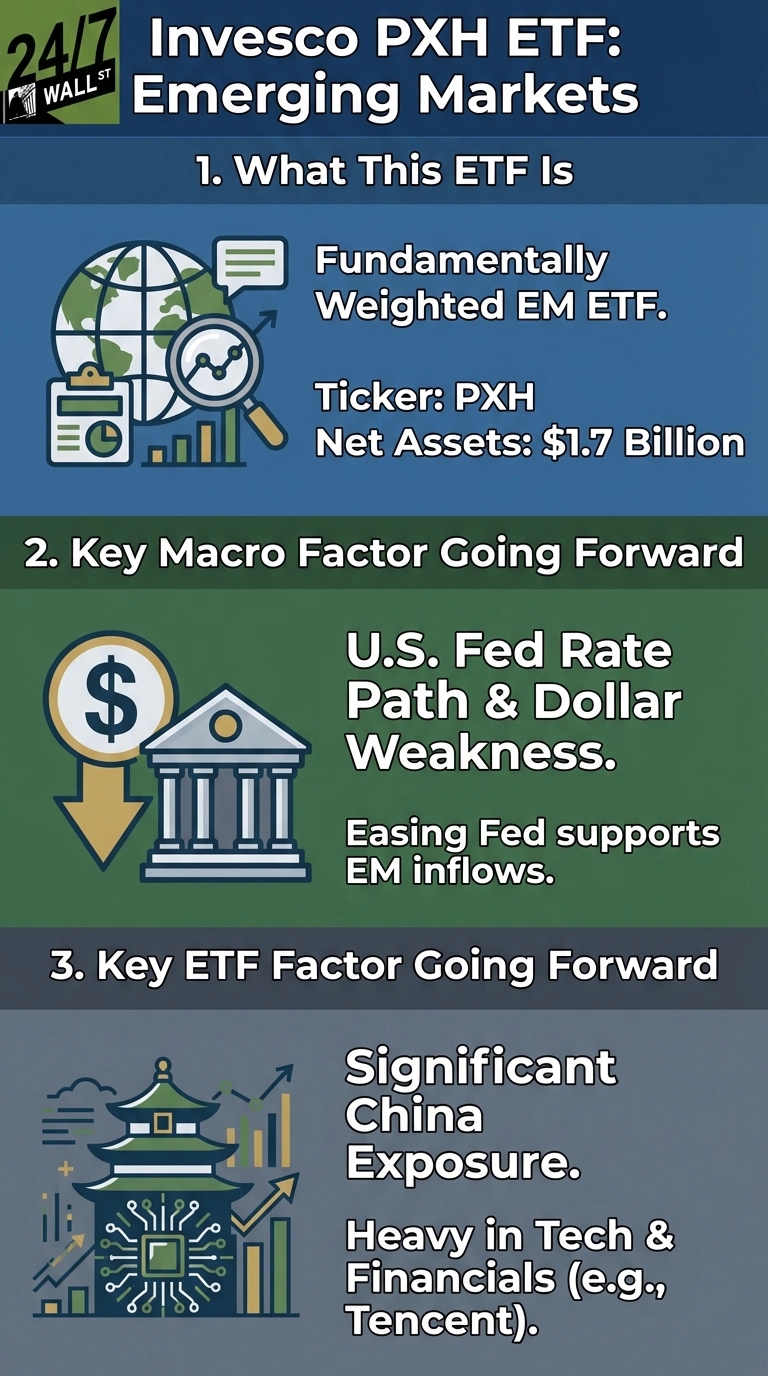 A three-part infographic titled 'Invesco PXH ETF: Emerging Markets'. Section 1, 'What This ETF Is', describes it as a Fundamentally Weighted EM ETF with Ticker: PXH and Net Assets: $1.7 Billion. It features icons of a globe, magnifying glass over a chart, document, and bar graphs. Section 2, 'Key Macro Factor Going Forward', notes 'U.S. Fed Rate Path &amp; Dollar Weakness' and 'Easing Fed supports EM inflows', with an icon of a dollar sign with a down arrow next to a building. Section 3, 'Key ETF Factor Going Forward', states 'Significant China Exposure' and 'Heavy in Tech &amp; Financials (e.g., Tencent)', with an icon of a Chinese pagoda-like building featuring a circuit board design, surrounded by rising bar graphs.