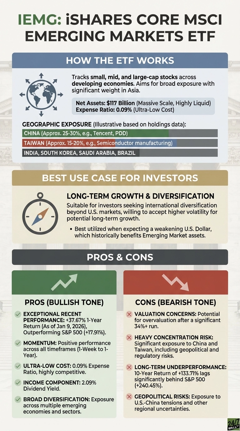 An infographic titled 'IEMG: iShares Core MSCI Emerging Markets ETF' is divided into three main sections. The top section, 'HOW THE ETF WORKS,' describes tracking small, mid, and large-cap stocks in developing economies with significant weight in Asia. It lists Net Assets: $117 Billion and Expense Ratio: 0.09%. Geographic Exposure is shown as China (Approx. 25-30%), Taiwan (Approx. 15-20%), and other countries like India, South Korea, Saudi Arabia, Brazil. The middle section, 'BEST USE CASE FOR INVESTORS,' highlights 'LONG-TERM GROWTH &amp; DIVERSIFICATION,' suitable for international diversification beyond U.S. markets, especially with a weakening U.S. Dollar. The bottom section, 'PROS &amp; CONS,' is split into two columns. The green 'PROS (BULLISH TONE)' column lists: Exceptional Recent Performance (+37.67% 1-Year Return), Momentum, Ultra-Low Cost (0.09% Expense Ratio), Income Component (2.09% Dividend Yield), and Broad Diversification. The red 'CONS (BEARISH TONE)' column lists: Valuation Concerns, Heavy Concentration Risk (China and Taiwan), Long-Term Underperformance (10-Year Return of +133.71% vs S&amp;P 500's +240.45%), and Geopolitical Risks.