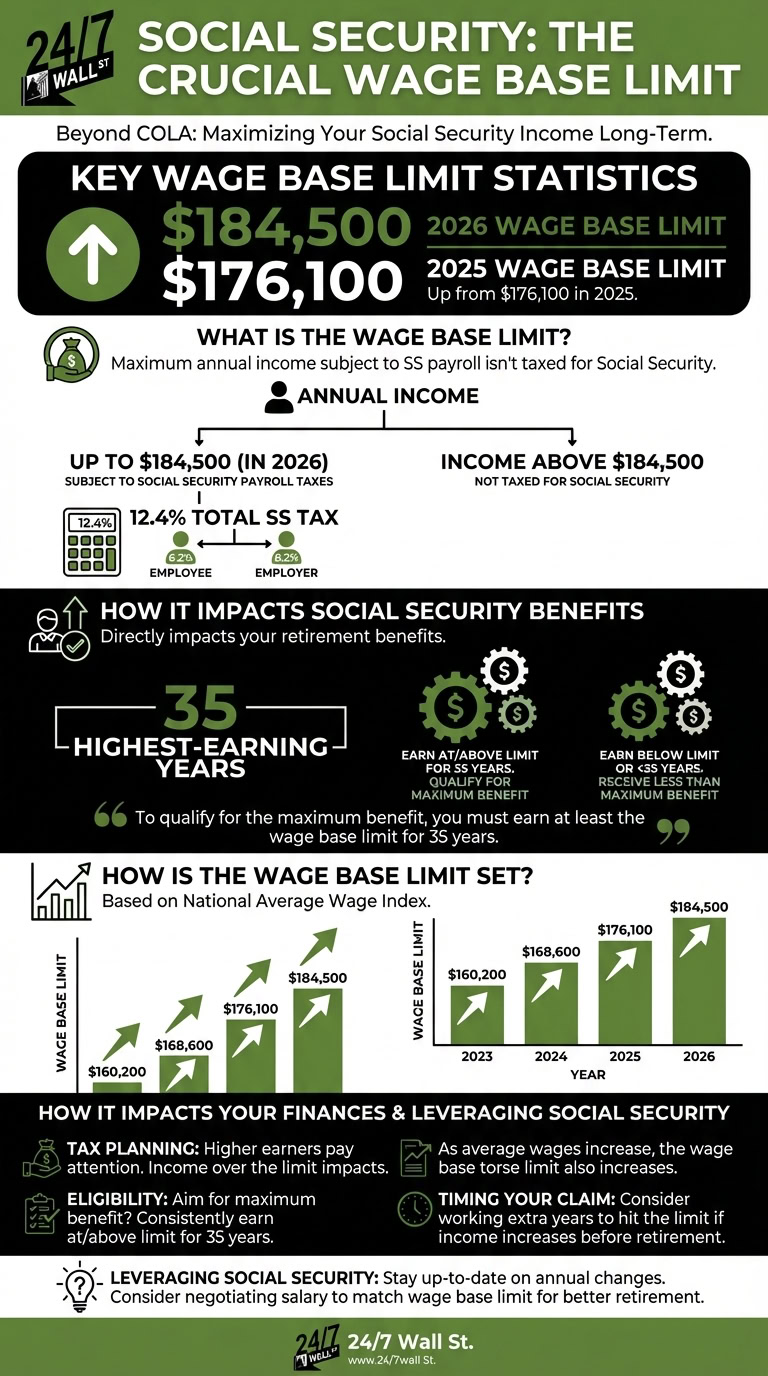 An infographic explaining the Social Security wage base limit, featuring the 2026 limit of $184,500 and the 2025 limit of $176,100. It details how this limit impacts Social Security payroll taxes and retirement benefits, including a bar chart of its increase from 2023 to 2026.