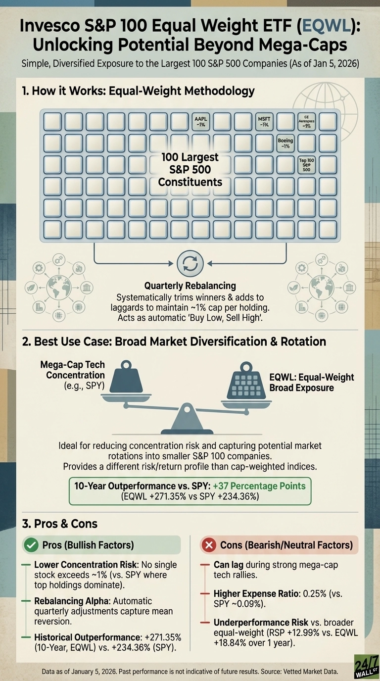An infographic titled 'Invesco S&amp;P 100 Equal Weight ETF (EQWL): Unlocking Potential Beyond Mega-Caps'. It is structured into three main sections. Section 1, 'How it Works: Equal-Weight Methodology', visually represents 100 S&amp;P 500 constituents as a grid of squares, with examples like AAPL, MSFT, GE Aerospace, and Boeing each showing a ~1% weight. This section explains 'Quarterly Rebalancing' as systematically trimming winners and adding laggards to maintain a ~1% cap, acting as 'Buy Low, Sell High'. Section 2, 'Best Use Case: Broad Market Diversification &amp; Rotation', uses a balance scale to compare 'Mega-Cap Tech Concentration (e.g., SPY)' on the left (depicted by a few large blocks) with 'EQWL: Equal-Weight Broad Exposure' on the right (depicted by many small, equal blocks). A green highlight box indicates '10-Year Outperformance vs. SPY: +37 Percentage Points (EQWL +271.35% vs SPY +234.36%)'. Section 3, 'Pros &amp; Cons', lists 'Bullish Factors' such as Lower Concentration Risk, Rebalancing Alpha, and Historical Outperformance, and 'Bearish/Neutral Factors' including the potential to lag during strong mega-cap tech rallies, a Higher Expense Ratio, and Underperformance Risk vs. broader equal-weight. Data is as of January 5, 2026.