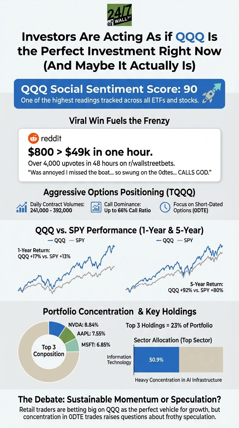 An infographic titled 'Investors Are Acting As if QQQ Is the Perfect Investment Right Now (And Maybe It Actually Is)'. It displays a 'QQQ Social Sentiment Score: 90'. A section 'Viral Win Fuels the Frenzy' highlights a Reddit post with '$800 > $49k in one hour' and a quote about ODTE calls. 'Aggressive Options Positioning (TQQQ)' shows daily contract volumes between 241,000-392,000, a call dominance of up to 66%, and a focus on short-dated options (ODTE). Two line graphs compare 'QQQ vs. SPY Performance (1-Year &amp; 5-Year)', showing QQQ (blue) outperforming SPY (gray), with QQQ +17% vs. SPY +13% over 1 year, and QQQ +92% vs. SPY +80% over 5 years. A 'Portfolio Concentration &amp; Key Holdings' section includes a donut chart showing the 'Top 3 Composition' as NVDA 8.84%, AAPL 7.55%, and MSFT 6.85%, noting 'Top 3 Holdings = 23% of Portfolio'. A bar chart for 'Sector Allocation (Top Sector)' indicates Information Technology at 50.9%, with 'Heavy Concentration in AI Infrastructure'. The bottom section poses 'The Debate: Sustainable Momentum or Speculation?', discussing retail betting on QQQ and ODTE trades.