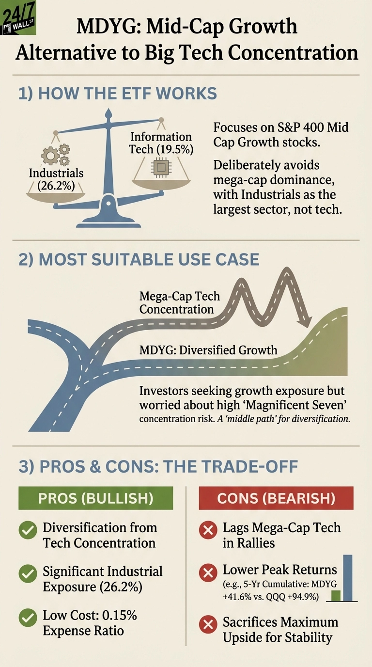 An infographic titled 'MDYG: Mid-Cap Growth Alternative to Big Tech Concentration' structured into three sections. Section 1, 'HOW THE ETF WORKS,' shows a balance scale indicating Industrials at 26.2% as a heavier weight than Information Tech at 19.5%, alongside text explaining the fund focuses on S&amp;P 400 Mid Cap Growth stocks and avoids mega-cap tech dominance. Section 2, 'MOST SUITABLE USE CASE,' depicts a road splitting into two paths: 'Mega-Cap Tech Concentration' as a volatile, up-and-down path, and 'MDYG: Diversified Growth' as a smoother path, with text explaining it's for investors worried about 'Magnificent Seven' concentration risk. Section 3, 'PROS &amp; CONS: THE TRADE-OFF,' lists bullish points with green checkmarks: Diversification from Tech Concentration, Significant Industrial Exposure (26.2%), and Low Cost (0.15% Expense Ratio). Bearish points with red crosses include Lags Mega-Cap Tech in Rallies, Lower Peak Returns (MDYG +41.6% vs. QQQ +94.9% over 5 years, illustrated with a bar chart), and Sacrifices Maximum Upside for Stability.