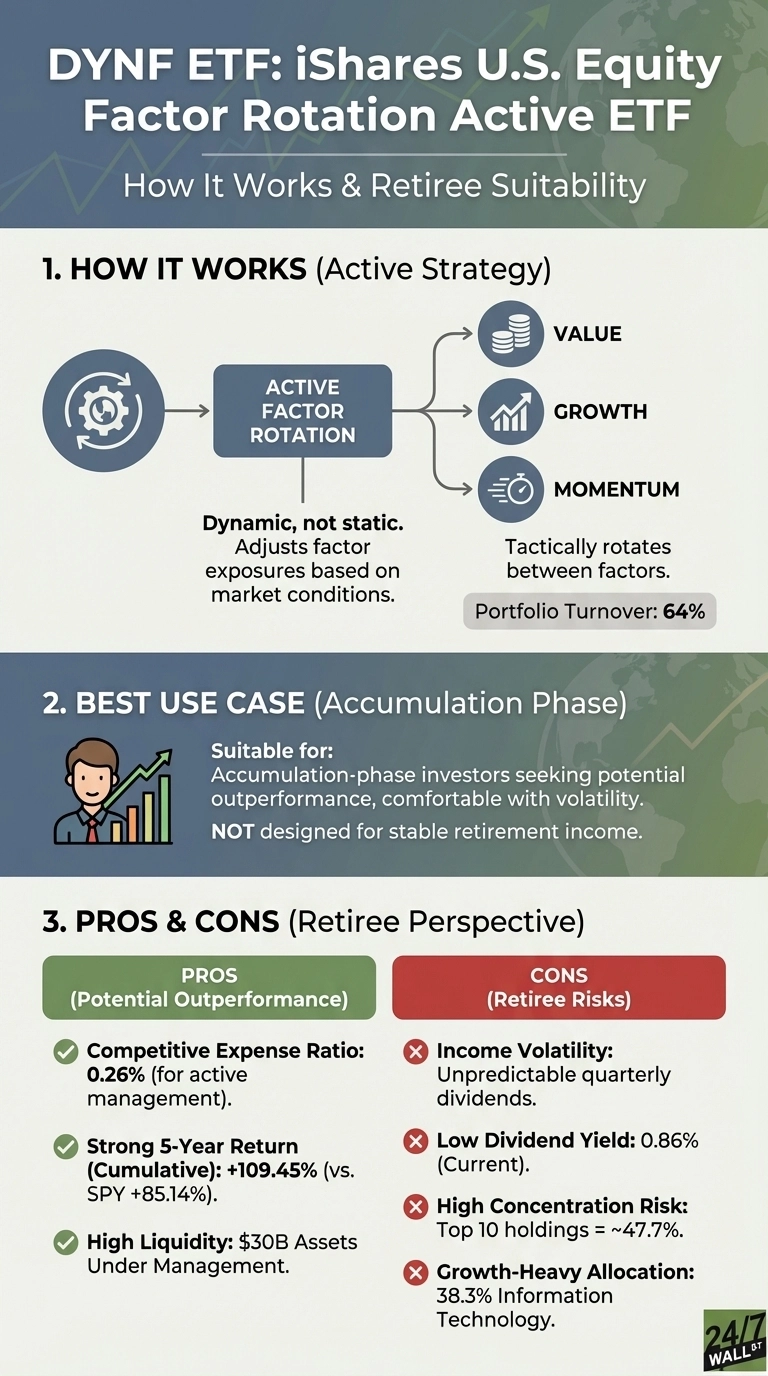 An infographic titled 'DYNF ETF: iShares U.S. Equity Factor Rotation Active ETF - How It Works &amp; Retiree Suitability'. It has three sections. Section 1, 'How It Works (Active Strategy)', shows a diagram where 'Active Factor Rotation' leads to 'Value', 'Growth', and 'Momentum' factors, with descriptive text noting it's dynamic, tactically rotates, and has a 64% portfolio turnover. Section 2, 'Best Use Case (Accumulation Phase)', features a graphic of a person next to a rising bar chart, stating it's suitable for accumulation-phase investors comfortable with volatility but not designed for stable retirement income. Section 3, 'Pros &amp; Cons (Retiree Perspective)', lists pros with green checkmarks: 0.26% expense ratio, +109.45% 5-year return, and $30B AUM liquidity; and cons with red 'x' marks: income volatility, 0.86% low dividend yield, 47.7% high concentration risk, and 38.3% growth-heavy IT allocation.