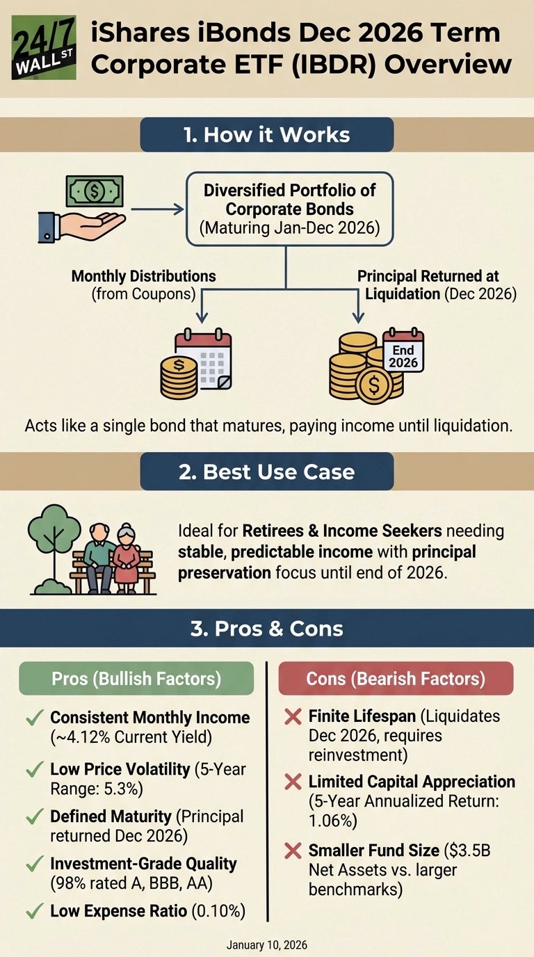 An infographic titled 'iShares iBonds Dec 2026 Term Corporate ETF (IBDR) Overview' from 24/7 Wall St. The graphic is divided into three sections: '1. How it Works', '2. Best Use Case', and '3. Pros &amp; Cons'. Section 1, 'How it Works', uses a flowchart to show a diversified portfolio of corporate bonds maturing Jan-Dec 2026, leading to monthly distributions from coupons and principal returned at liquidation in Dec 2026. A note states it 'Acts like a single bond that matures, paying income until liquidation.' Section 2, 'Best Use Case', features an illustration of two elderly people on a bench and describes the ETF as 'Ideal for Retirees &amp; Income Seekers needing stable, predictable income with principal preservation focus until end of 2026.' Section 3, 'Pros &amp; Cons', lists 'Pros (Bullish Factors)' with green checkmarks and 'Cons (Bearish Factors)' with red 'X' marks. Pros include Consistent Monthly Income (~4.12% Current Yield), Low Price Volatility (5-Year Range: 5.3%), Defined Maturity (Principal returned Dec 2026), Investment-Grade Quality (98% rated A, BBB, AA), and Low Expense Ratio (0.10%). Cons include Finite Lifespan (Liquidates Dec 2026, requires reinvestment), Limited Capital Appreciation (5-Year Annualized Return: 1.06%), and Smaller Fund Size ($3.5B Net Assets vs. larger benchmarks). The infographic is dated 'January 10, 2026'.