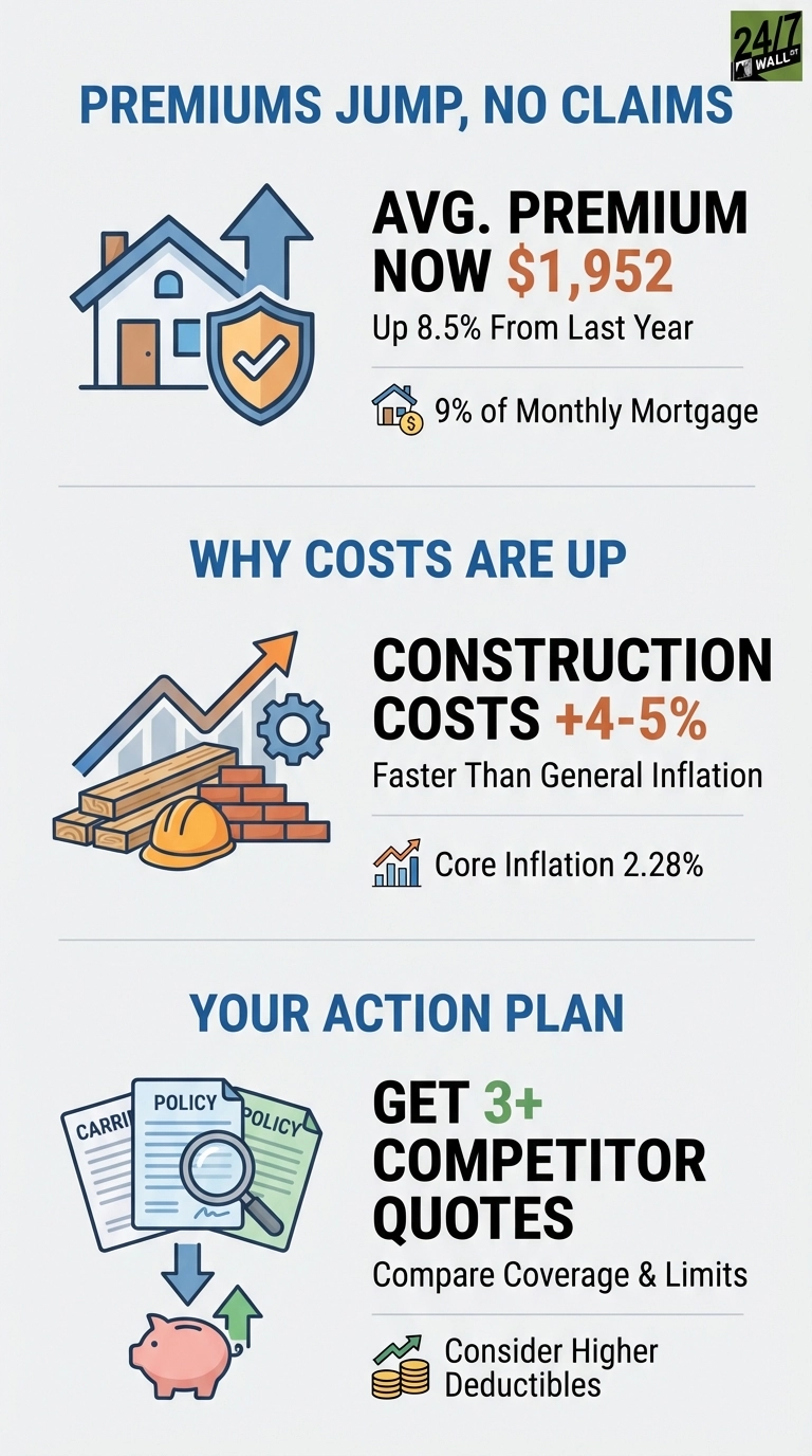 An infographic titled 'Premiums Jump, No Claims' explains rising home insurance costs and an action plan. The top section, 'Premiums Jump, No Claims', shows a house icon with an upward arrow and a shield, stating the average premium is now $1,952, up 8.5% from last year (2025), and represents 9% of a monthly mortgage. The middle section, 'Why Costs Are Up', illustrates construction materials (wood, bricks, hard hat) and an upward trend arrow with a gear, indicating construction costs are up 4-5%, faster than general inflation (core inflation 2.28%). The bottom section, 'Your Action Plan', displays policy documents, a magnifying glass, and a piggy bank with a dollar arrow. It advises getting 3+ competitor quotes to compare coverage and limits, and considering higher deductibles, with an icon of stacked coins and an upward arrow.
