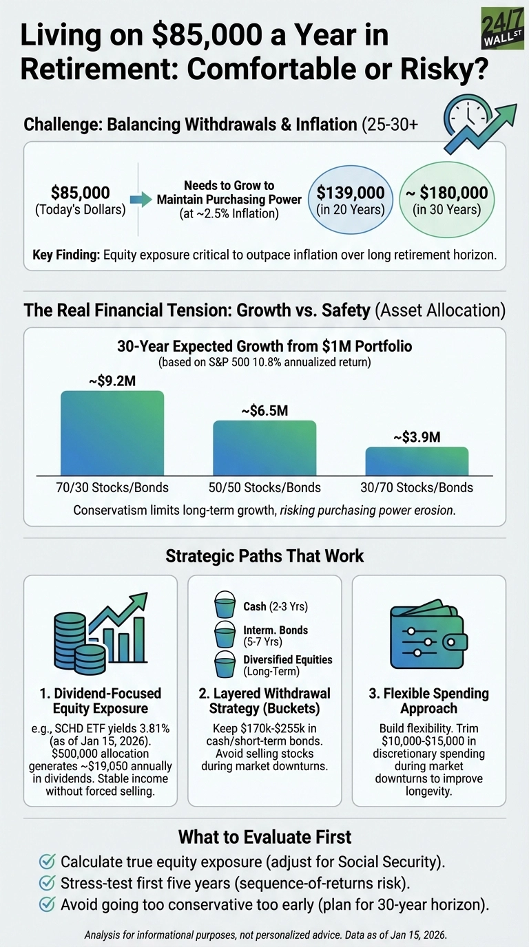 An infographic titled 'Living on $85,000 a Year in Retirement: Comfortable or Risky?'. The top section, 'Challenge: Balancing Withdrawals &amp; Inflation', shows an arrow indicating $85,000 (Today's Dollars) needs to grow to $139,000 (in 20 Years) and ~$180,000 (in 30 Years) at ~2.5% inflation. It states that equity exposure is critical to outpace inflation. Below, 'The Real Financial Tension: Growth vs. Safety' features a bar chart titled '30-Year Expected Growth from $1M Portfolio'. The bars show estimated portfolio values: ~$9.2M for 70/30 Stocks/Bonds, ~$6.5M for 50/50 Stocks/Bonds, and ~$3.9M for 30/70 Stocks/Bonds, noting that conservatism limits growth. The 'Strategic Paths That Work' section outlines three options: 1. Dividend-Focused Equity Exposure, with an icon of stacked coins and a rising graph, describing SCHD ETF and dividend income; 2. Layered Withdrawal Strategy (Buckets), with three bucket icons labeled Cash (2-3 Yrs), Interm. Bonds (5-7 Yrs), and Diversified Equities (Long-Term), explaining a strategy to avoid selling stocks during downturns; 3. Flexible Spending Approach, with a wallet icon, suggesting trimming discretionary spending to improve longevity. The bottom section, 'What to Evaluate First', lists three points with checkmarks. A '24/7 WALL ST' logo is in the top right corner.