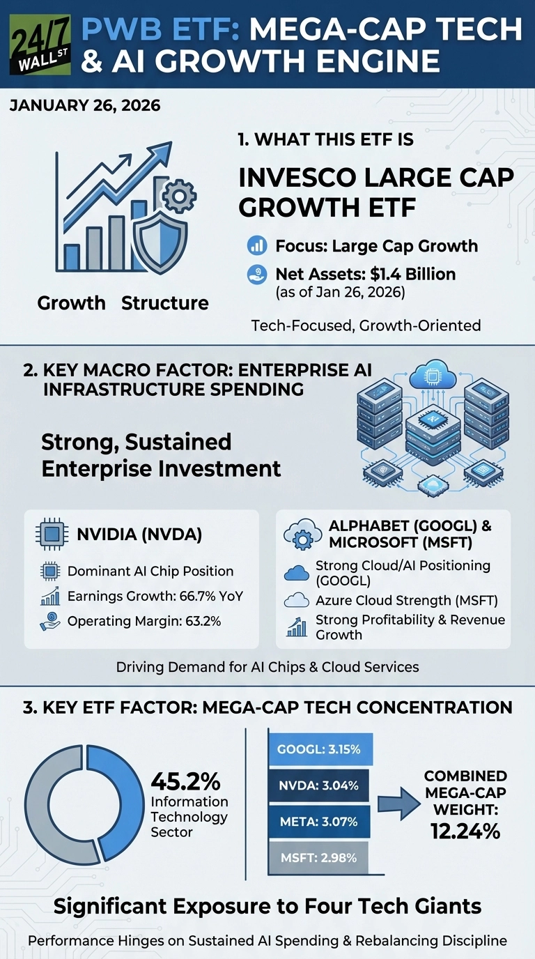 An infographic titled 'PWB ETF: Mega-Cap Tech &amp; AI Growth Engine' dated January 26, 2026. Section 1, 'What this ETF is', identifies it as Invesco Large Cap Growth ETF, focused on large cap growth, with $1.4 Billion net assets as of January 26, 2026, and described as tech-focused, growth-oriented. Section 2, 'Key Macro Factor: Enterprise AI Infrastructure Spending', details strong, sustained enterprise investment, with sub-sections for NVIDIA (NVDA) highlighting its dominant AI chip position, 66.7% YoY earnings growth, and 63.2% operating margin, and Alphabet (GOOGL) &amp; Microsoft (MSFT) noted for strong cloud/AI positioning, Azure strength, and strong profitability/revenue growth. It states these factors are 'Driving Demand for AI Chips &amp; Cloud Services'. Section 3, 'Key ETF Factor: Mega-Cap Tech Concentration', features a donut chart showing 45.2% in Information Technology Sector. A bar chart displays individual mega-cap weights: GOOGL 3.15%, NVDA 3.04%, META 3.07%, MSFT 2.98%, leading to a 'Combined Mega-Cap Weight: 12.24%'. The section concludes with 'Significant Exposure to Four Tech Giants' and 'Performance Hinges on Sustained AI Spending &amp; Rebalancing Discipline'.