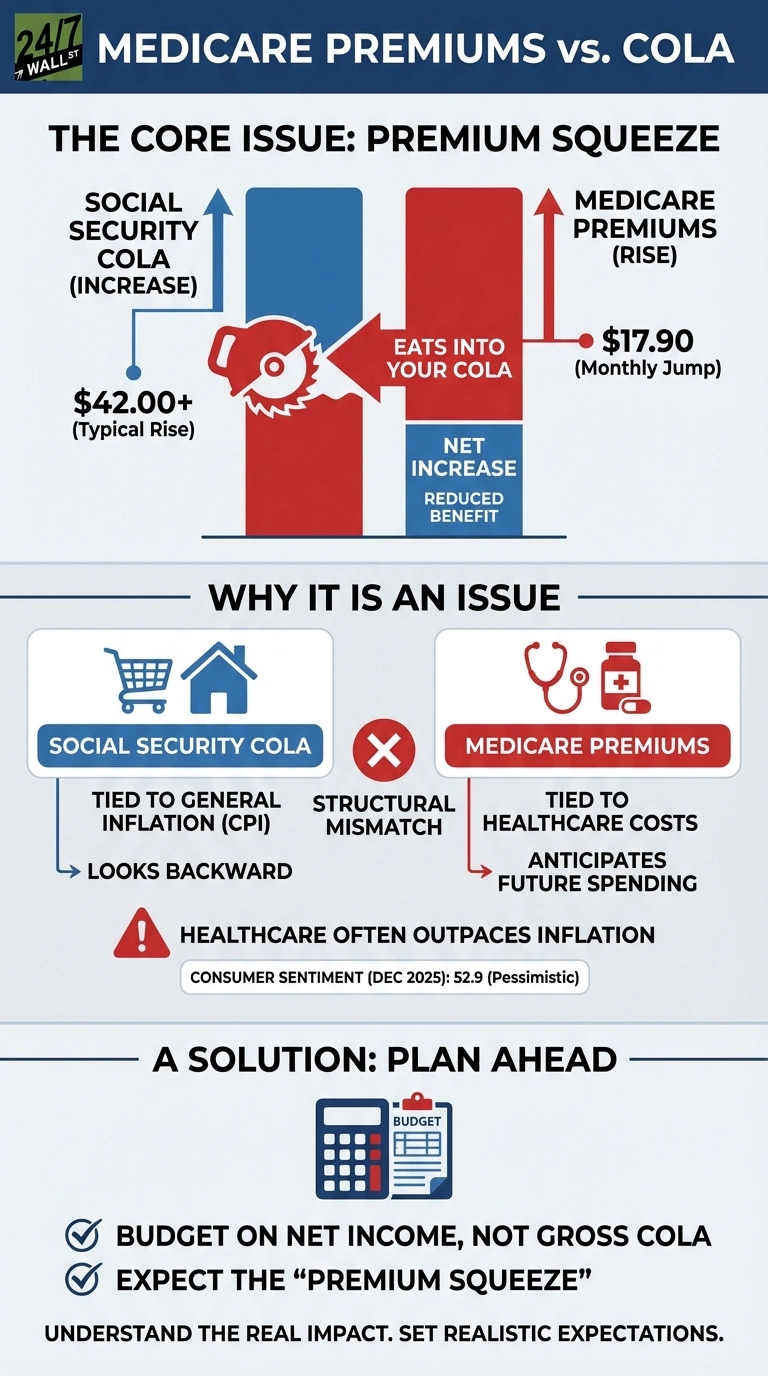 An infographic titled 'Medicare Premiums vs. COLA' illustrating the 'premium squeeze'. The top section shows two vertical bars: one blue representing Social Security COLA increase ($42.00+ typical rise) and one red representing Medicare premiums rise ($17.90 monthly jump). A red saw icon with an arrow points from the Medicare rise bar into the COLA bar, labeled 'EATS INTO YOUR COLA', resulting in a smaller blue 'NET INCREASE REDUCED BENEFIT' section. The middle section, 'WHY IT IS AN ISSUE', contrasts Social Security COLA (tied to general inflation/CPI, looks backward) with Medicare Premiums (tied to healthcare costs, anticipates future spending), separated by a red 'X' indicating 'STRUCTURAL MISMATCH'. A warning icon states 'HEALTHCARE OFTEN OUTPACES INFLATION'. A box below notes 'CONSUMER SENTIMENT (DEC 2025): 52.9 (Pessimistic)'. The bottom section, 'A SOLUTION: PLAN AHEAD', features a calculator and budget paper icon, followed by three checked bullet points: 'BUDGET ON NET INCOME, NOT GROSS COLA', 'EXPECT THE 