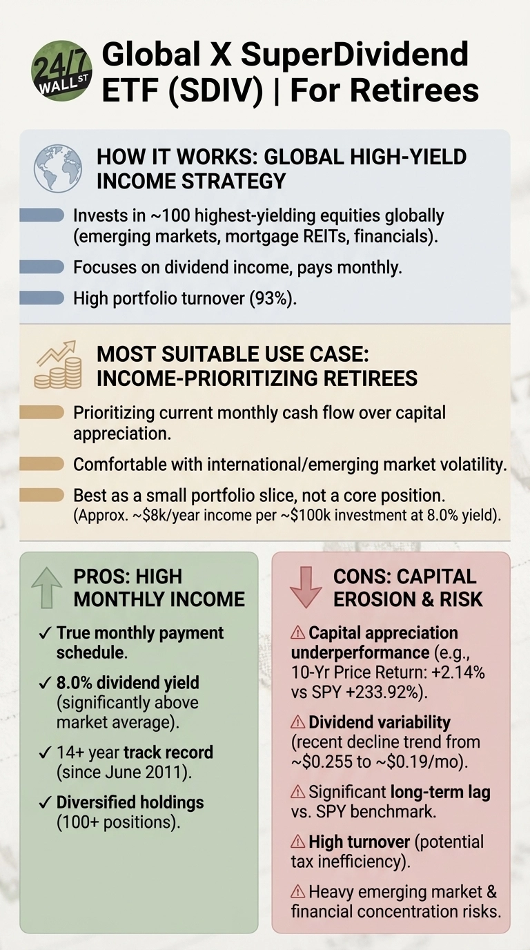An infographic titled 'Global X SuperDividend ETF (SDIV) | For Retirees' with a '24/7 WALL ST' logo. It is structured into sections: 'HOW IT WORKS: GLOBAL HIGH-YIELD INCOME STRATEGY' which mentions investing in ~100 highest-yielding global equities, focusing on dividend income, monthly payments, and high 93% turnover. 'MOST SUITABLE USE CASE: INCOME-PRIORITIZING RETIREES' describes prioritizing cash flow, comfort with volatility, and using it as a small portfolio slice (approx. $8k/year income per $100k at 8.0% yield). Below are two contrasting boxes: 'PROS: HIGH MONTHLY INCOME' in green, listing a true monthly payment schedule, 8.0% dividend yield, 14+ year track record, and 100+ diversified holdings. Opposite is 'CONS: CAPITAL EROSION &amp; RISK' in red, detailing capital appreciation underperformance (+2.14% 10-Yr vs SPY +233.92%), dividend variability (decline from $0.255 to $0.19/mo), significant long-term lag vs. SPY, high turnover (tax inefficiency), and heavy emerging market &amp; financial concentration risks.