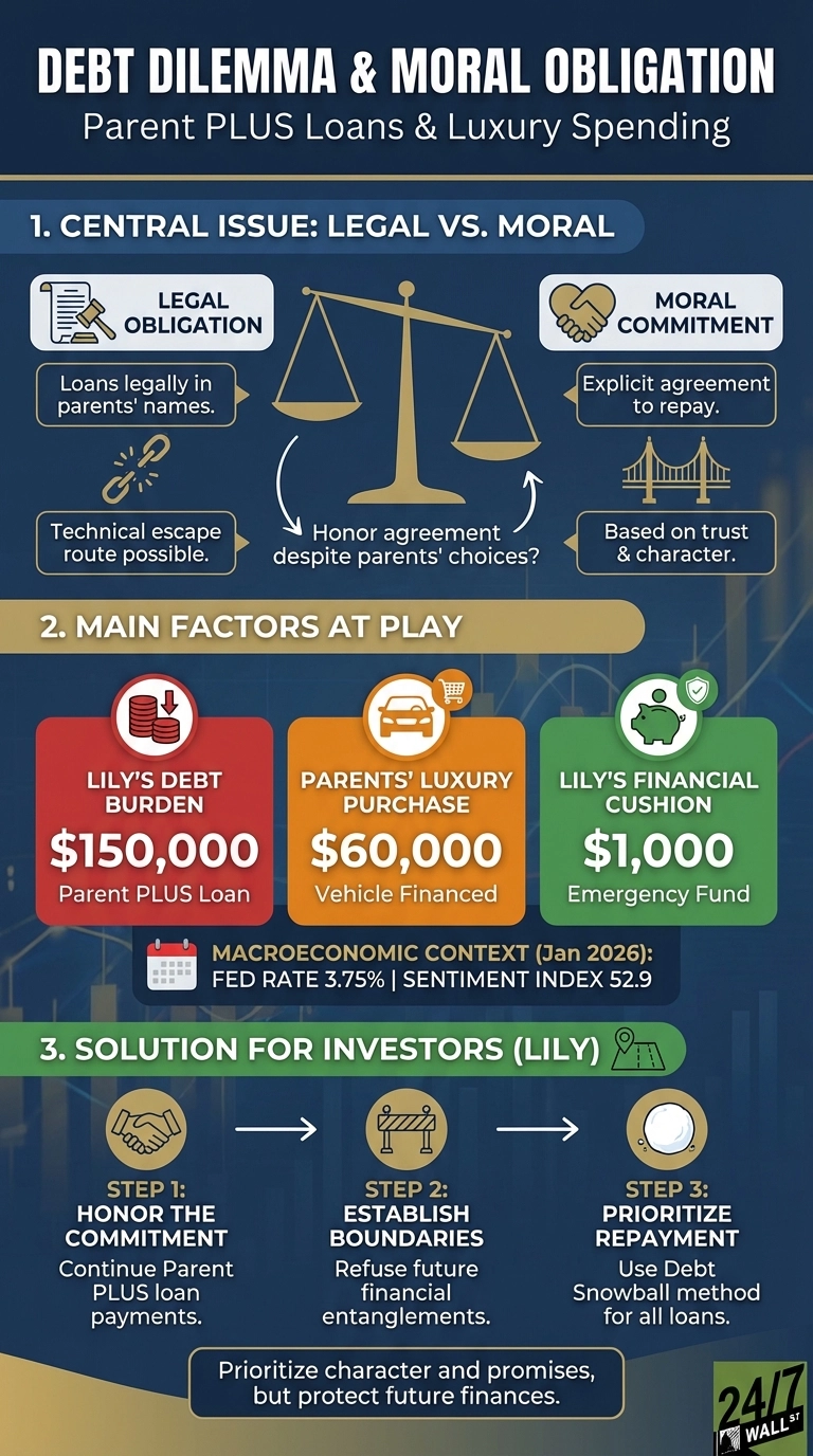 An infographic titled 'Debt Dilemma &amp; Moral Obligation' presents a personal finance scenario involving Parent PLUS Loans and luxury spending. The central issue is 'Legal vs. Moral,' depicted by scales of justice balancing 'Legal Obligation' (loans in parents' names, technical escape possible) and 'Moral Commitment' (explicit agreement, based on trust), questioning whether to honor agreements despite parents' choices. Key factors include Lily's $150,000 Parent PLUS Loan debt, her parents' $60,000 financed luxury car purchase, and Lily's $1,000 emergency fund. The macroeconomic context for January 2026 notes a FED Rate of 3.75% and a Sentiment Index of 52.9. The proposed solution for Lily involves three steps: Step 1 'Honor the Commitment' by continuing loan payments, Step 2 'Establish Boundaries' by refusing future financial entanglements, and Step 3 'Prioritize Repayment' using the Debt Snowball method for all loans. The overall message is to 'Prioritize character and promises, but protect future finances.'