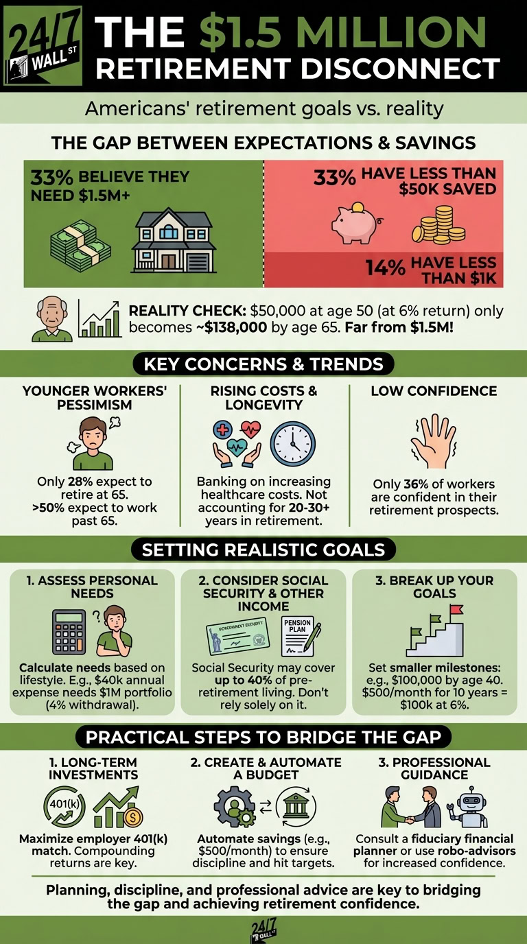 An infographic summarizing America's retirement savings disconnect, showing that while many believe they need $1.5 million, a significant portion have saved less than $50,000. It outlines key concerns, realistic goal-setting, and practical steps like investing and budgeting to bridge the gap.