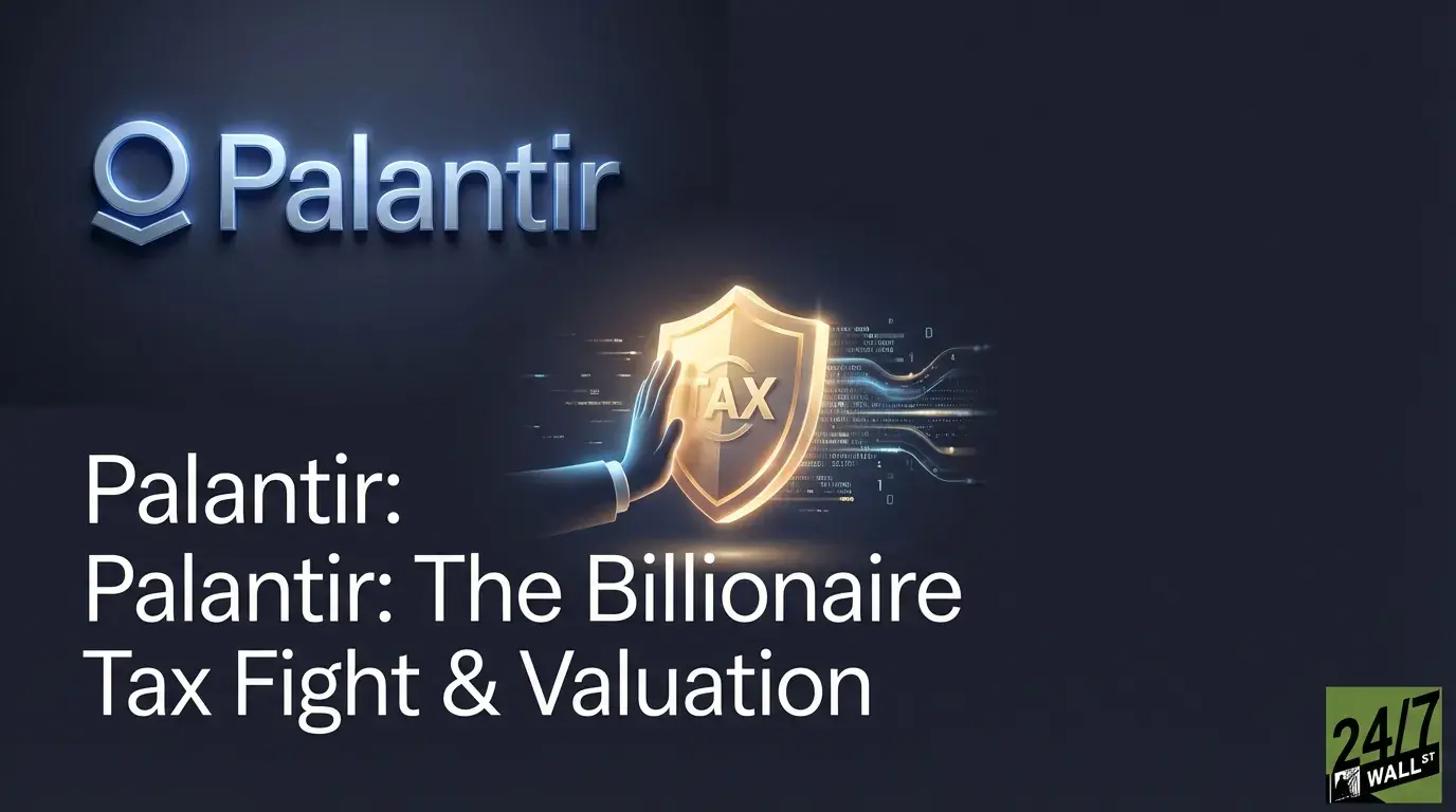 A sophisticated 3D rendered graphic on a dark blue background. The silver Palantir logo with a blue glow is in the upper left. A stylized blue-glowing hand in a dark suit reaches to the right, touching a bright golden shield emblazoned with the word 'TAX'. Behind the hand and shield, abstract blue and orange data streams flow horizontally. White text 'Palantir: Palantir: The Billionaire Tax Fight &amp; Valuation' is in the lower left, and a green '24/7 WALL ST' logo is in the lower right.