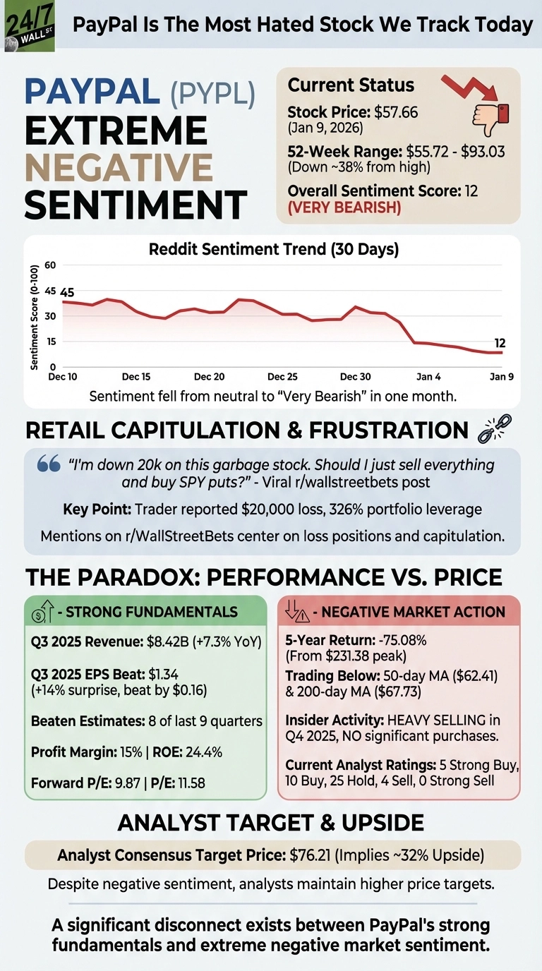 An infographic titled 'PayPal Is The Most Hated Stock We Track Today' and 'PAYPAL (PYPL) EXTREME NEGATIVE SENTIMENT'. The infographic is structured with several sections. 'Current Status' displays the stock price ($57.66 as of Jan 9, 2026), 52-week range ($55.72 - $93.03), and an overall sentiment score of 12 (Very Bearish). A red line graph, 'Reddit Sentiment Trend (30 Days)', shows the sentiment score decreasing from around 45 on December 10 to 12 on January 9. 'Retail Capitulation &amp; Frustration' includes a quote from a Reddit post about a $20,000 loss. 'THE PARADOX: PERFORMANCE VS. PRICE' is divided into a green box for 'STRONG FUNDAMENTALS' (listing Q3 2025 revenue, EPS beat, profit margin, ROE, P/E) and a red box for 'NEGATIVE MARKET ACTION' (listing 5-year return, trading below moving averages, heavy insider selling, and current analyst ratings). Finally, 'ANALYST TARGET &amp; UPSIDE' indicates a consensus target price of $76.21. The overall theme emphasizes a significant disconnect between strong fundamentals and extreme negative market sentiment.