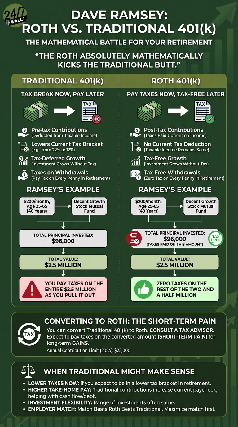An infographic titled 'Dave Ramsey: Roth vs. Traditional 401(k)' showing that Roth accounts lead to tax-free withdrawals of millions while Traditional accounts require paying taxes on the entire balance.