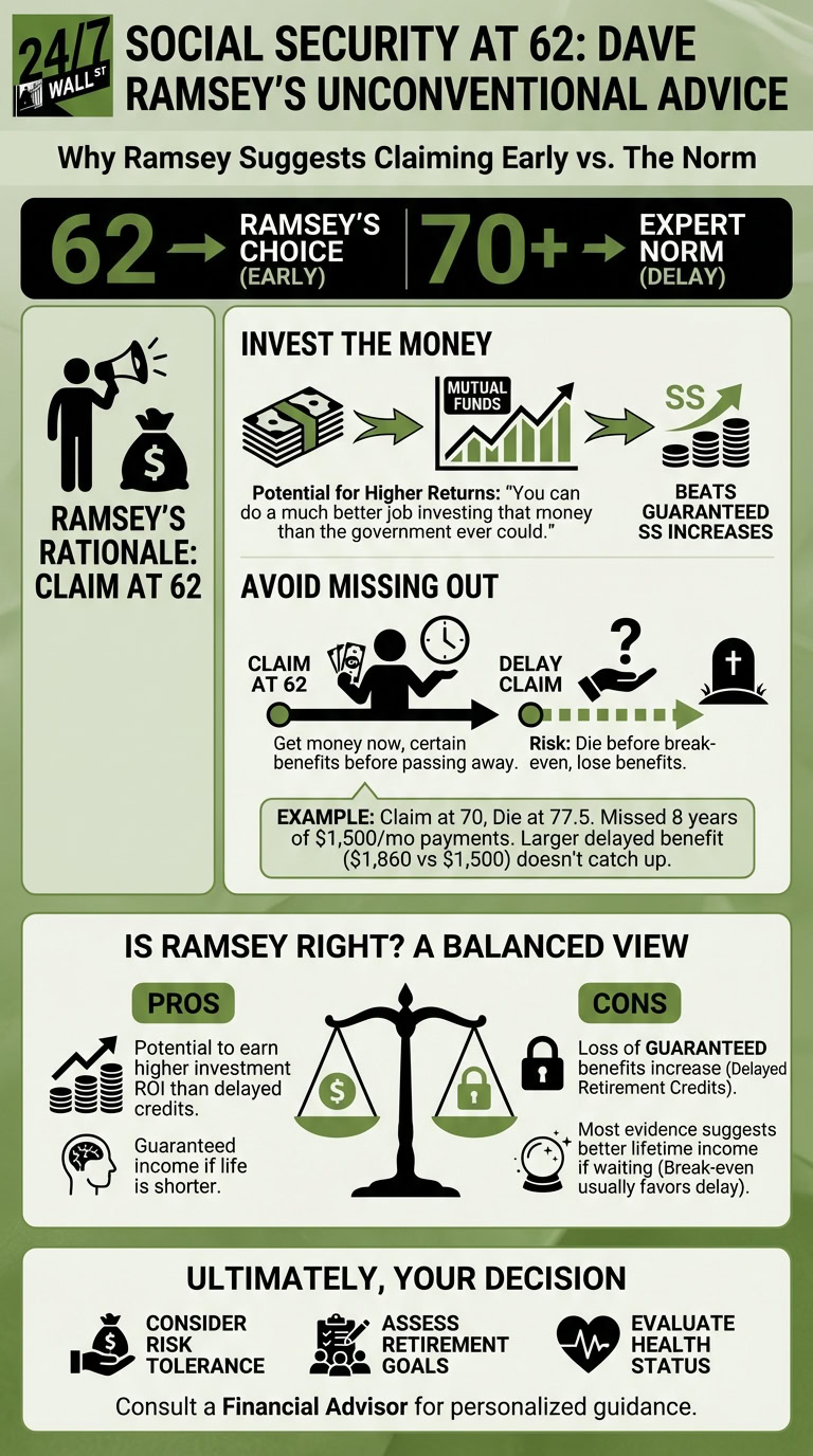 Infographic contrasting Dave Ramsey's advice to claim Social Security at 62 with the expert norm of delaying until 70+. It shows reasons for early claiming, a balanced view with pros and cons, and factors for making a personal decision.