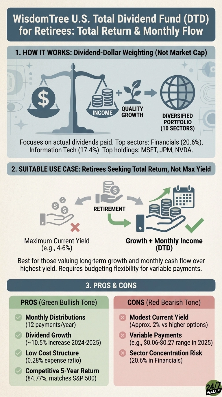 An infographic titled 'WisdomTree U.S. Total Dividend Fund (DTD) for Retirees: Total Return &amp; Monthly Flow'. It is divided into three sections.
1.  **HOW IT WORKS: Dividend-Dollar Weighting (Not Market Cap)**: Depicts a scale balancing a dollar sign on one side, and stacks of coins labeled 'INCOME' plus a growing plant labeled 'QUALITY GROWTH' on the other, leading to a globe labeled 'DIVERSIFIED PORTFOLIO (10 SECTORS)'. Text below explains it 'Focuses on actual dividends paid. Top sectors: Financials (20.6%), Information Tech (17.4%). Top holdings: MSFT, JPM, NVDA.'
2.  **SUITABLE USE CASE: Retirees Seeking Total Return, Not Max Yield**: Shows 'RETIREMENT' in the center. An arrow points left to a hand holding money with a red 'X', indicating 'Maximum Current Yield (e.g., 4-6%)' is not the focus. An arrow points right to a hand holding stacks of coins and a calendar with a green checkmark, indicating 'Growth + Monthly Income (DTD)'. Text below states: 'Best for those valuing long-term growth and monthly cash flow over highest yield. Requires budgeting flexibility for variable payments.'
3.  **PROS &amp; CONS**: Two columns. 'PROS (Green Bullish Tone)' lists: 'Monthly Distributions (12 payments/year)', 'Dividend Growth (~10.5% increase 2024-2025)', 'Low Cost Structure (0.28% expense ratio)', 'Competitive 5-Year Return (84.77%, matches S&amp;P 500)'. 'CONS (Red Bearish Tone)' lists: 'Modest Current Yield (Approx. 2% vs higher options)', 'Variable Payments (e.g., $0.06-$0.27 range in 2025)', 'Sector Concentration Risk (20.6% in Financials)'.