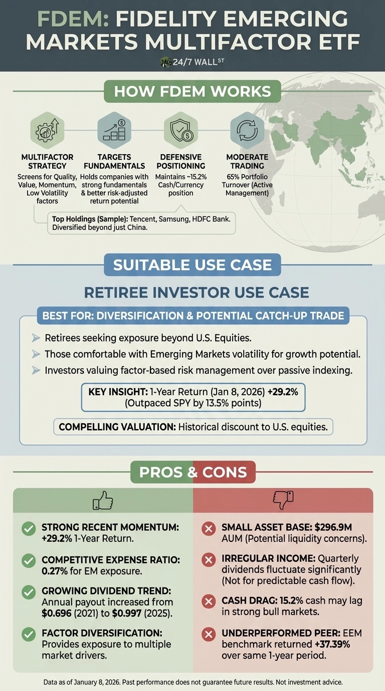 An infographic titled 'FDEM: Fidelity Emerging Markets Multifactor ETF' with a 24/7 Wall St logo. It is divided into three main sections. The 'How FDEM Works' section describes multifactor strategy, targets fundamentals, defensive positioning, moderate trading, and lists sample top holdings like Tencent, Samsung, and HDFC Bank. The 'Suitable Use Case' section highlights the ETF as best for retirees seeking diversification and potential catch-up trade, noting a +29.2% 1-year return and historical discount valuation. The 'Pros &amp; Cons' section lists advantages with green checkmarks including strong momentum (+29.2% 1-year return), competitive expense ratio (0.27%), growing dividend trend, and factor diversification. Disadvantages are listed with red X marks including small asset base ($296.9M AUM), irregular income, cash drag (15.2%), and underperformed peer (EEM benchmark returned +37.39%). Data is as of January 8, 2026.