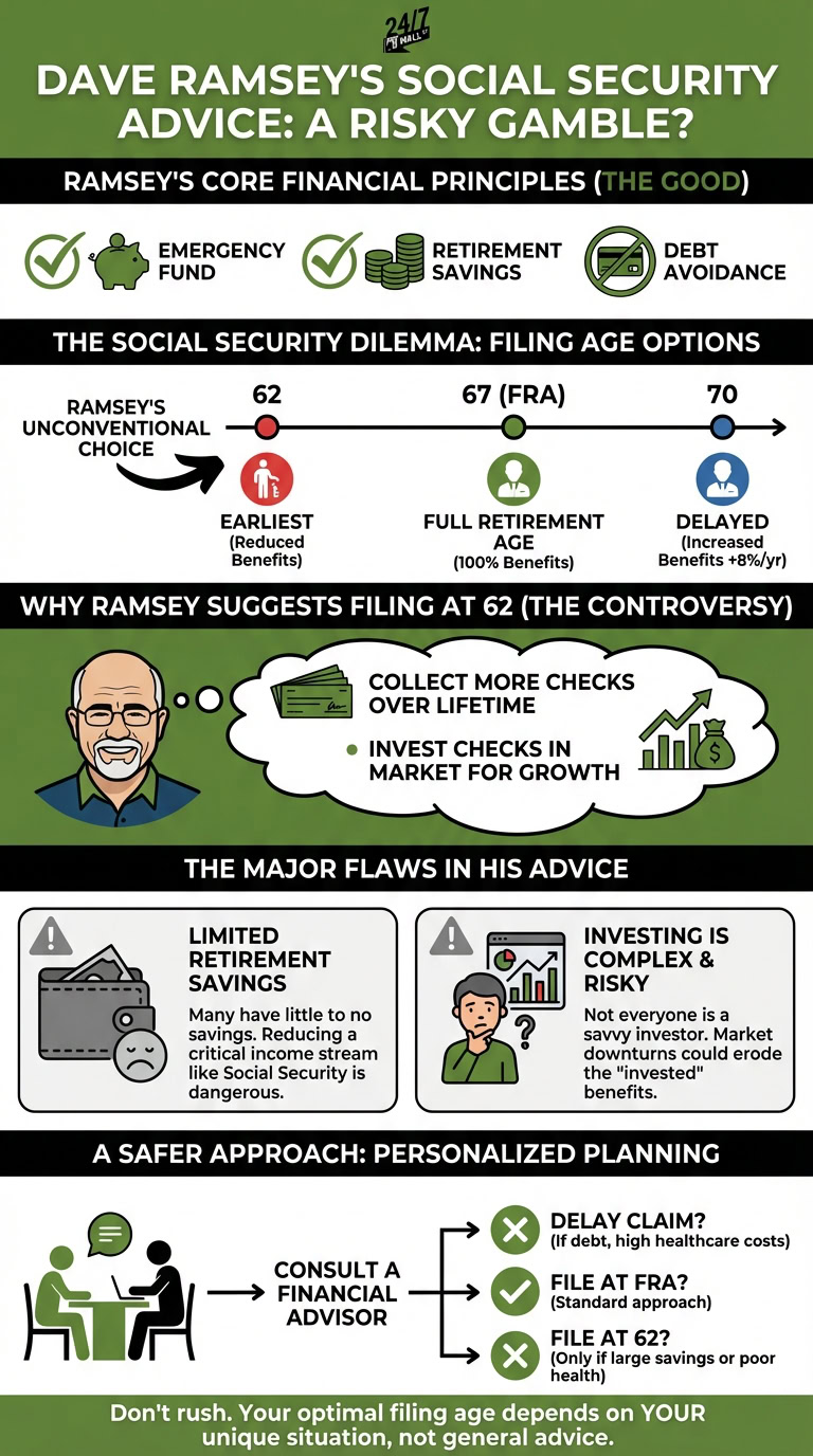 An infographic examining Dave Ramsey's Social Security advice, comparing his good financial principles with his controversial recommendation to file for benefits at age 62, detailing the risks, and suggesting a personalized planning approach.