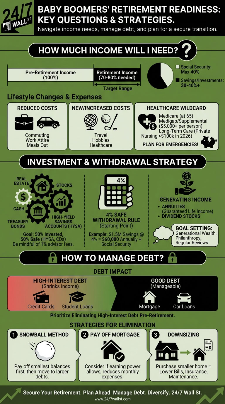 An infographic titled 'Baby Boomers' Retirement Readiness: Key Questions &amp; Strategies' which provides guidance on retirement income, investment, and debt management.