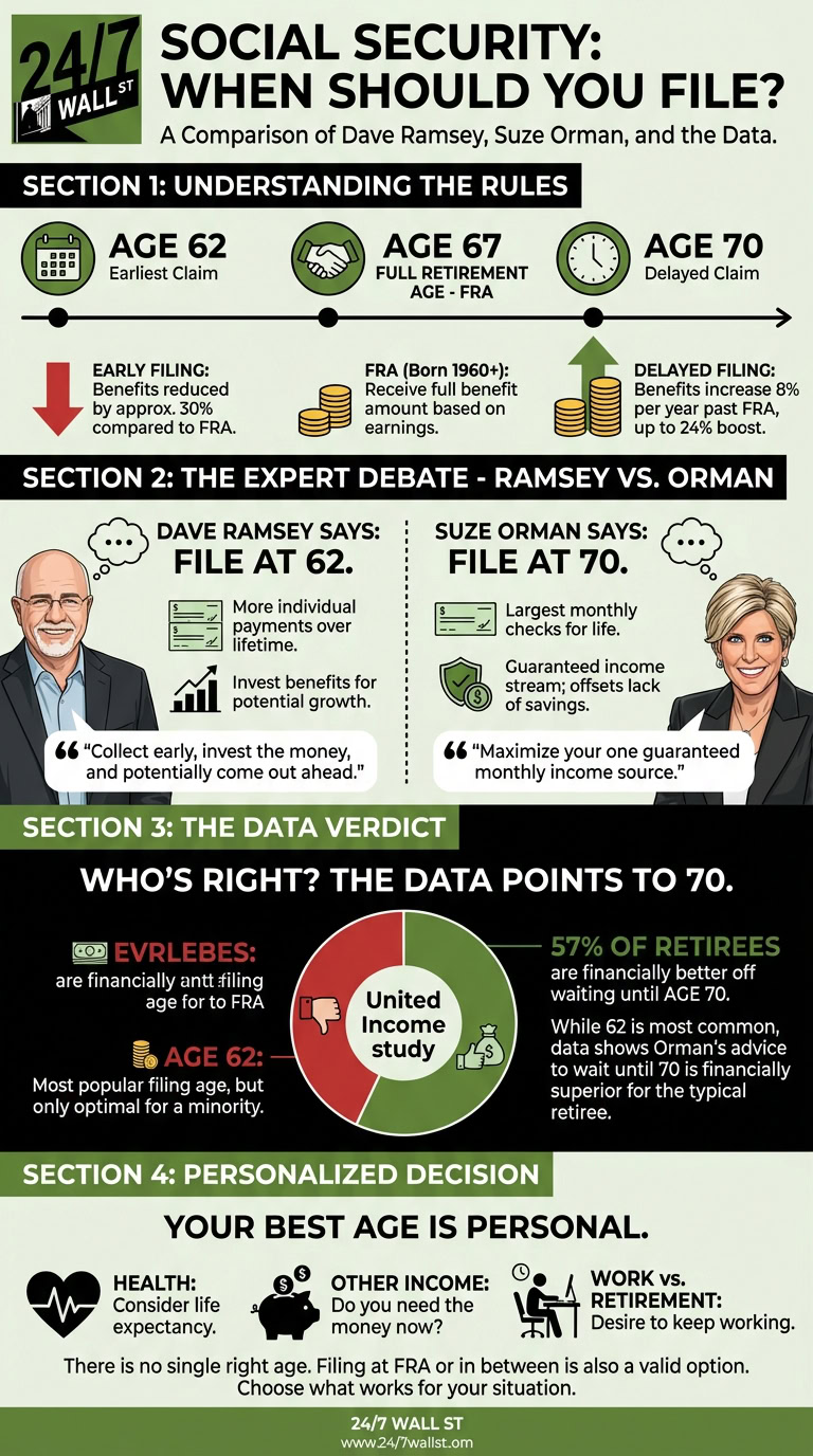 An infographic discussing Social Security filing ages, featuring illustrated portraits of financial experts Dave Ramsey and Suze Orman. It includes a timeline of ages 62, 67, and 70 with benefit explanations, and a pie chart summarizing data on optimal claiming ages.
