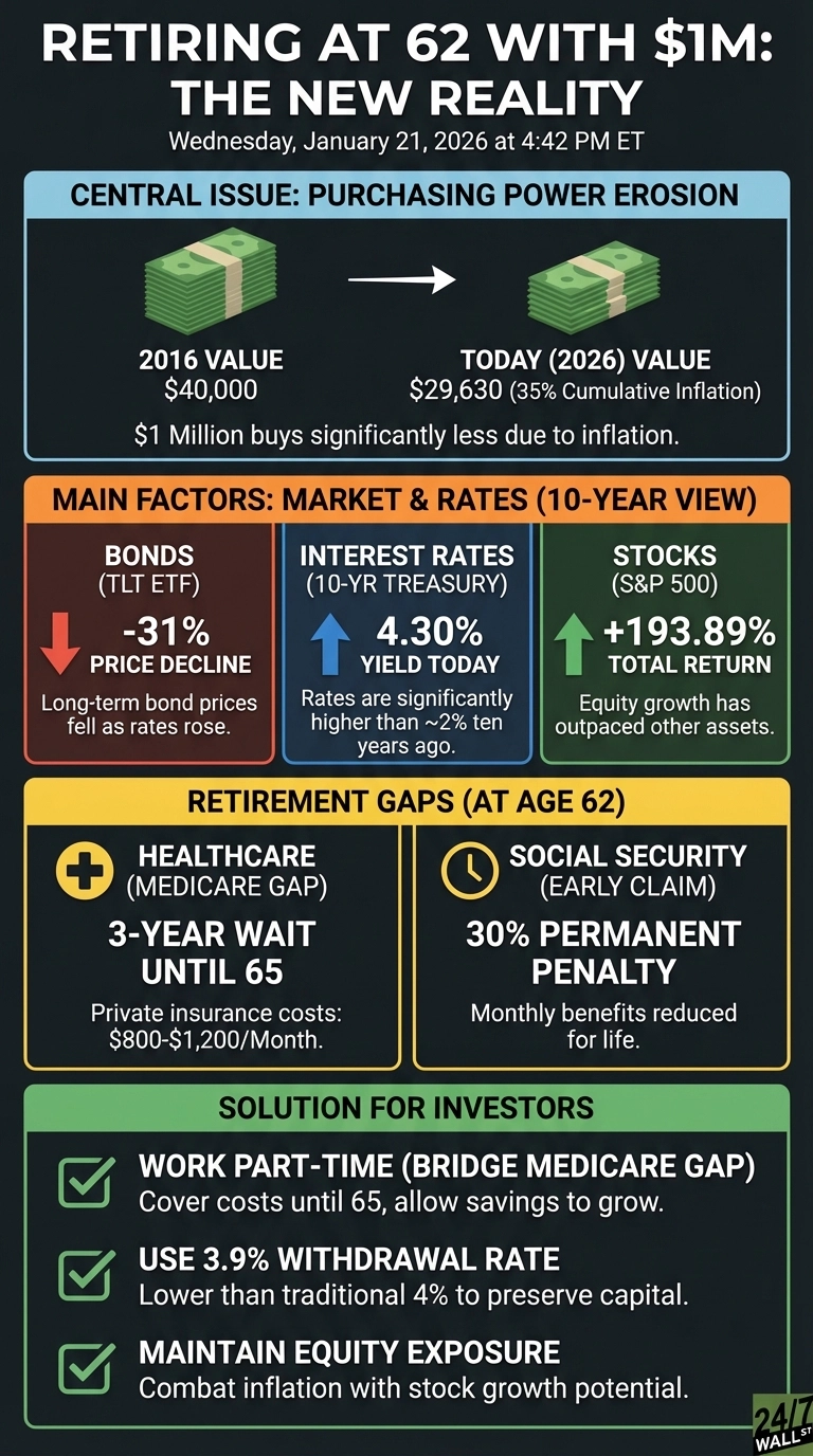 An infographic titled 'Retiring at 62 With $1M: The New Reality' on a dark background. The top section, 'Central Issue: Purchasing Power Erosion,' shows a stack of cash representing $40,000 in 2016 decreasing to $29,630 in 2026 due to 35% cumulative inflation, indicating $1 million buys significantly less. The middle section, 'Main Factors: Market &amp; Rates (10-Year View),' displays three colored boxes: a red box with a down arrow for Bonds (TLT ETF) showing a -31% price decline; a blue box with an up arrow for Interest Rates (10-YR TREASURY) showing a 4.30% yield today, significantly higher than ten years ago; and a green box with an up arrow for Stocks (S&amp;P 500) showing a +193.89% total return. The 'Retirement Gaps (At Age 62)' section has two yellow boxes: one with a plus icon for Healthcare (Medicare Gap) noting a 3-year wait until 65 and $800-$1,200/month private insurance costs; and another with a clock icon for Social Security (Early Claim) noting a 30% permanent penalty. The bottom section, 'Solution for Investors,' lists three recommendations with green checkmarks: 'WORK PART-TIME (BRIDGE MEDICARE GAP),' 'USE 3.9% WITHDRAWAL RATE,' and 'MAINTAIN EQUITY EXPOSURE.'