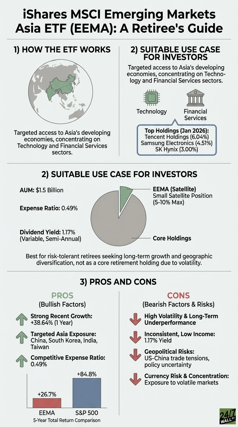 An infographic titled 'iShares MSCI Emerging Markets Asia ETF (EEMA): A Retiree's Guide'. It is divided into three sections. Section 1, 'How the ETF Works', shows a globe highlighting Asia and describes EEMA as targeting Asia's developing economies, focusing on Technology and Financial Services sectors. Section 2, 'Suitable Use Case for Investors', lists AUM ($1.5 Billion), Expense Ratio (0.49%), and Dividend Yield (1.17%), with a pie chart illustrating EEMA as a small satellite position (5-10% Max) versus Core Holdings. It also lists top holdings (Tencent Holdings 6.04%, Samsung Electronics 4.51%, SK Hynix 3.00%). Section 3, 'Pros and Cons', presents bullish factors (strong recent growth of +38.64% in 1 year, Asia exposure to China, South Korea, India, Taiwan, competitive expense ratio of 0.49%) and bearish factors (high volatility, long-term underperformance, inconsistent low income yield of 1.17%, geopolitical risks like US-China trade tensions, and currency risk). A bar chart compares EEMA's +26.7% 5-year return to S&amp;P 500's +84.8% 5-year return.
