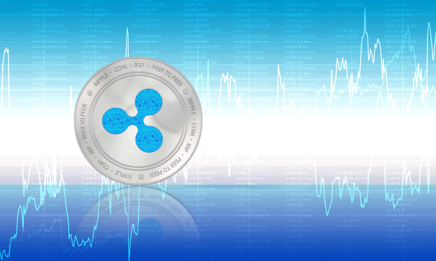 Ripple crypto currency (XRP) closeup. Stack of blue and silver coins. Cyber money.
