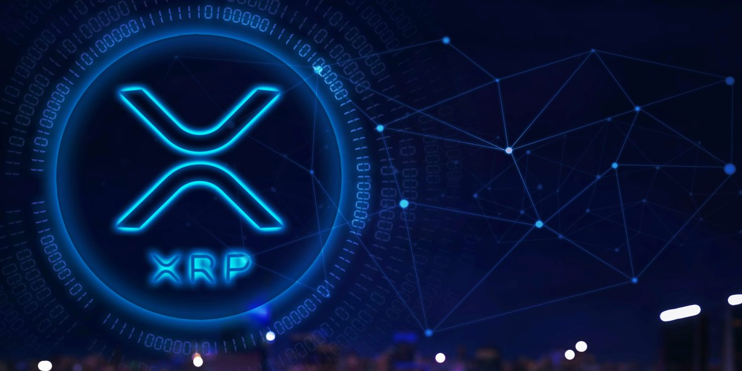 Double exposure of XRP coin symbol with connection network in night sky background