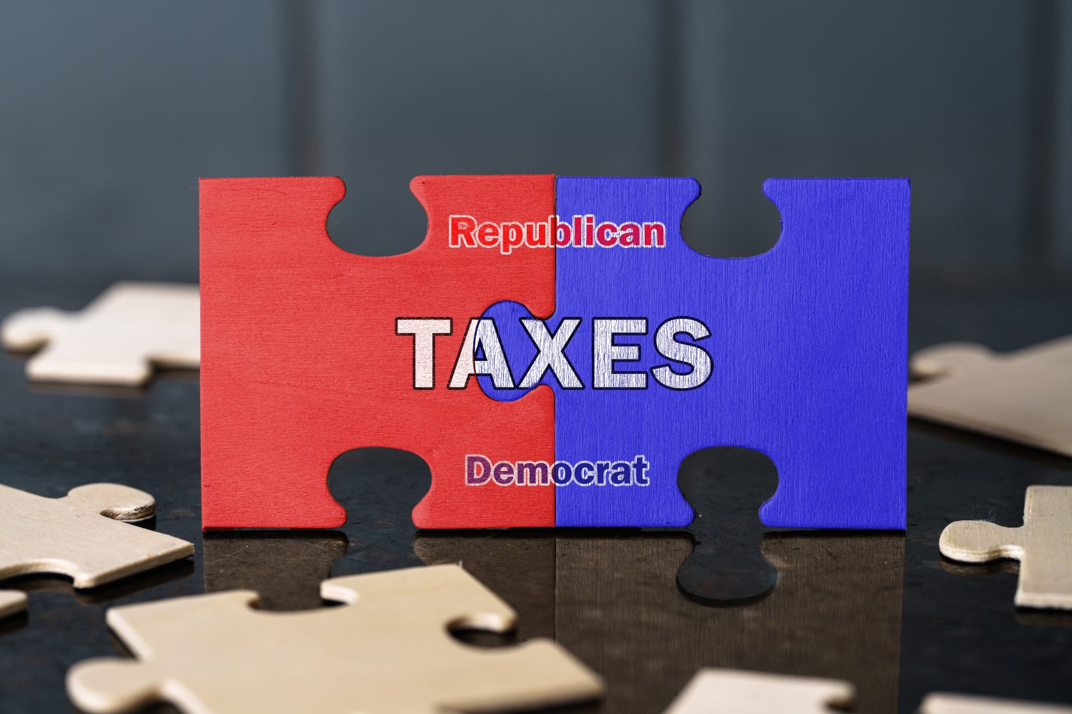Taxes, Interlocking Puzzle Pieces, Republican Democrat Political Divide, Economic Policy Debate