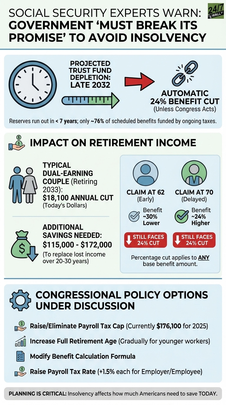 An infographic titled 'SOCIAL SECURITY EXPERTS WARN: GOVERNMENT 'MUST BREAK ITS PROMISE' TO AVOID INSOLVENCY'. The top section shows a clock and timeline pointing to 'PROJECTED TRUST FUND DEPLETION: LATE 2032' and a broken chain, indicating an 'AUTOMATIC 24% BENEFIT CUT (Unless Congress Acts)', with a note that reserves run out in less than 7 years, funding only ~76% of scheduled benefits. The middle section, 'IMPACT ON RETIREMENT INCOME', illustrates an '$18,100 ANNUAL CUT' for a typical dual-earning couple retiring in 2033 and 'ADDITIONAL SAVINGS NEEDED: $115,000 - $172,000'. It also compares claiming benefits at 62 (30% lower) vs. 70 (24% higher), stating both 'STILL FACES 24% CUT' as the percentage cut applies to any base benefit amount. The bottom section, 'CONGRESSIONAL POLICY OPTIONS UNDER DISCUSSION', lists four options: Raise/Eliminate Payroll Tax Cap (currently $176,100 for 2025), Increase Full Retirement Age (gradually for younger workers), Modify Benefit Calculation Formula, and Raise Payroll Tax Rate (+1.5% each for Employer/Employee). A concluding statement reads: 'PLANNING IS CRITICAL: Insolvency affects how much Americans need to save TODAY.'
