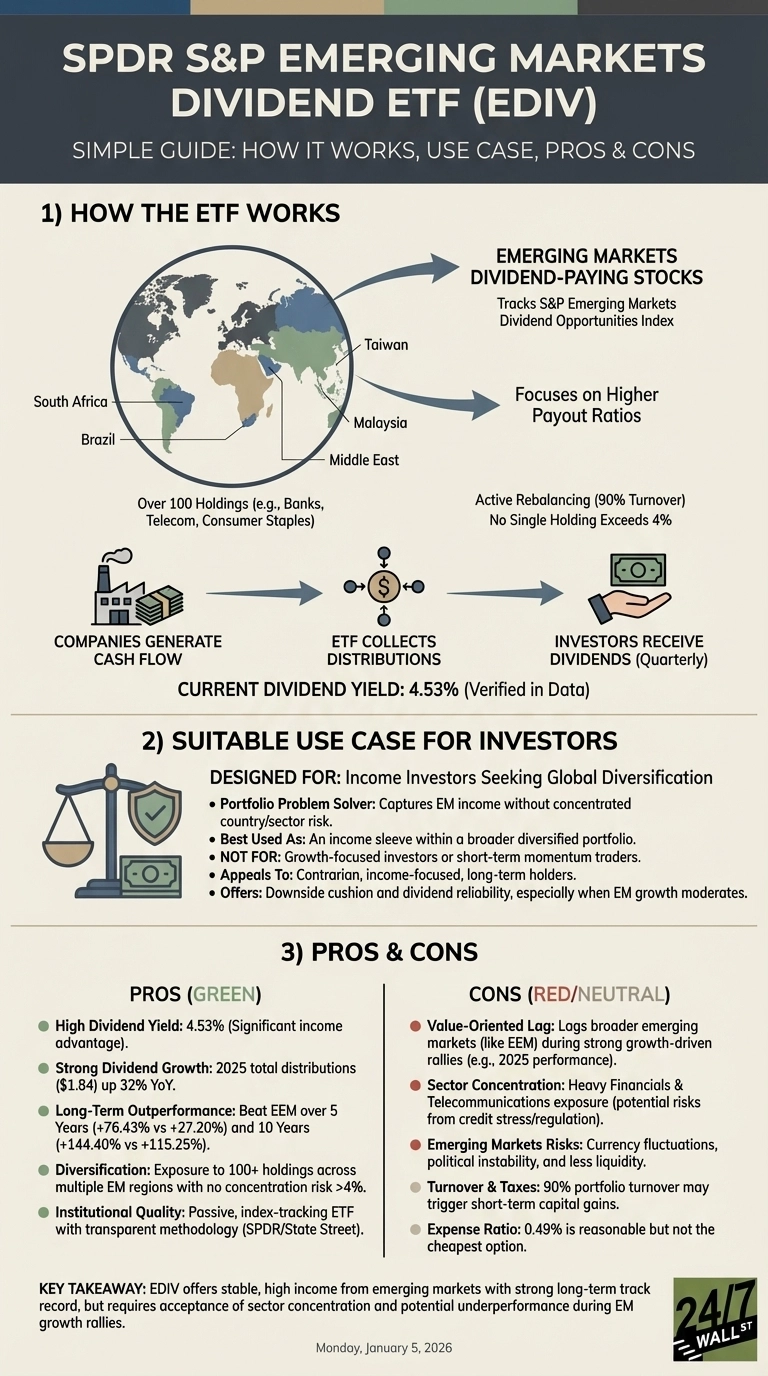 An infographic titled 'SPDR S&amp;P Emerging Markets Dividend ETF (EDIV): Simple Guide' details the ETF's functions, use cases, pros, and cons. Section 1, 'How the ETF Works,' features a world map highlighting Brazil, South Africa, Taiwan, Malaysia, and the Middle East, explaining EDIV tracks emerging markets dividend-paying stocks with over 100 holdings, focusing on higher payout ratios and active rebalancing. A flowchart illustrates companies generating cash flow, the ETF collecting distributions, and investors receiving quarterly dividends, noting a current dividend yield of 4.53%. Section 2, 'Suitable Use Case for Investors,' describes it as designed for income investors seeking global diversification, acting as an income sleeve, appealing to long-term holders, and offering downside cushion. It explicitly states it's not for growth-focused or short-term traders. Section 3, 'Pros &amp; Cons,' lists advantages in green (4.53% high dividend yield, strong dividend growth, long-term outperformance against EEM over 5 and 10 years, diversification across 100+ holdings, institutional quality) and disadvantages in red/neutral (value-oriented lag during growth rallies, heavy sector concentration in Financials &amp; Telecom, emerging markets risks like currency fluctuations, 90% portfolio turnover triggering short-term capital gains, and a 0.49% expense ratio). A key takeaway summarizes EDIV's stable high income with trade-offs. The infographic is dated Monday, January 5, 2026, and includes a '24/7 WALL ST' logo.