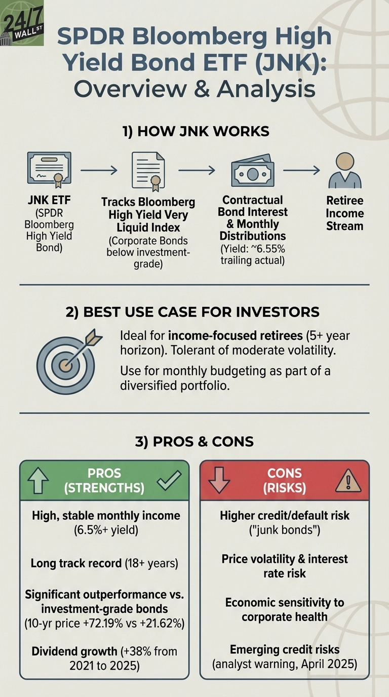 An infographic titled 'SPDR Bloomberg High Yield Bond ETF (JNK): Overview &amp; Analysis.' It is divided into three sections. Section 1, 'HOW JNK WORKS,' is a horizontal flowchart showing JNK ETF leading to 'Tracks Bloomberg High Yield Very Liquid Index' (corporate bonds below investment-grade), then to 'Contractual Bond Interest &amp; Monthly Distributions' (yield ~6.55% trailing actual), and finally to 'Retiree Income Stream.' Section 2, 'BEST USE CASE FOR INVESTORS,' features a target icon and text describing it as ideal for income-focused retirees (5+ year horizon), tolerant of moderate volatility, and for monthly budgeting as part of a diversified portfolio. Section 3, 'PROS &amp; CONS,' is a two-column table. The green 'PROS (STRENGTHS)' column lists: High, stable monthly income (6.5%+ yield); Long track record (18+ years); Significant outperformance vs. investment-grade bonds (10-yr price +72.19% vs +21.62%); and Dividend growth (+38% from 2021 to 2025). The red 'CONS (RISKS)' column lists: Higher credit/default risk ('junk bonds'); Price volatility &amp; interest rate risk; Economic sensitivity to corporate health; and Emerging credit risks (analyst warning, April 2025).