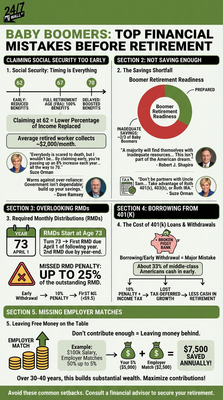 An infographic titled 'Baby Boomers: Top Financial Mistakes Before Retirement' uses timelines, a pie chart, icons of a piggy bank and money bags, and quotes from financial experts to detail five common financial errors.
