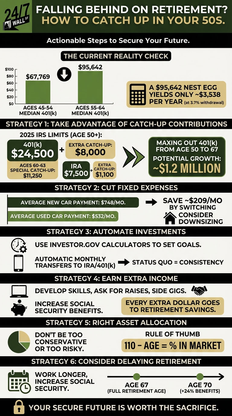 An infographic titled 'Falling Behind on Retirement? How to Catch Up in Your 50s' details six strategies for increasing retirement savings. It includes median 401(k) balances for people in their 40s and 50s, contribution limits, and tips for expense reduction, income generation, and investment management.