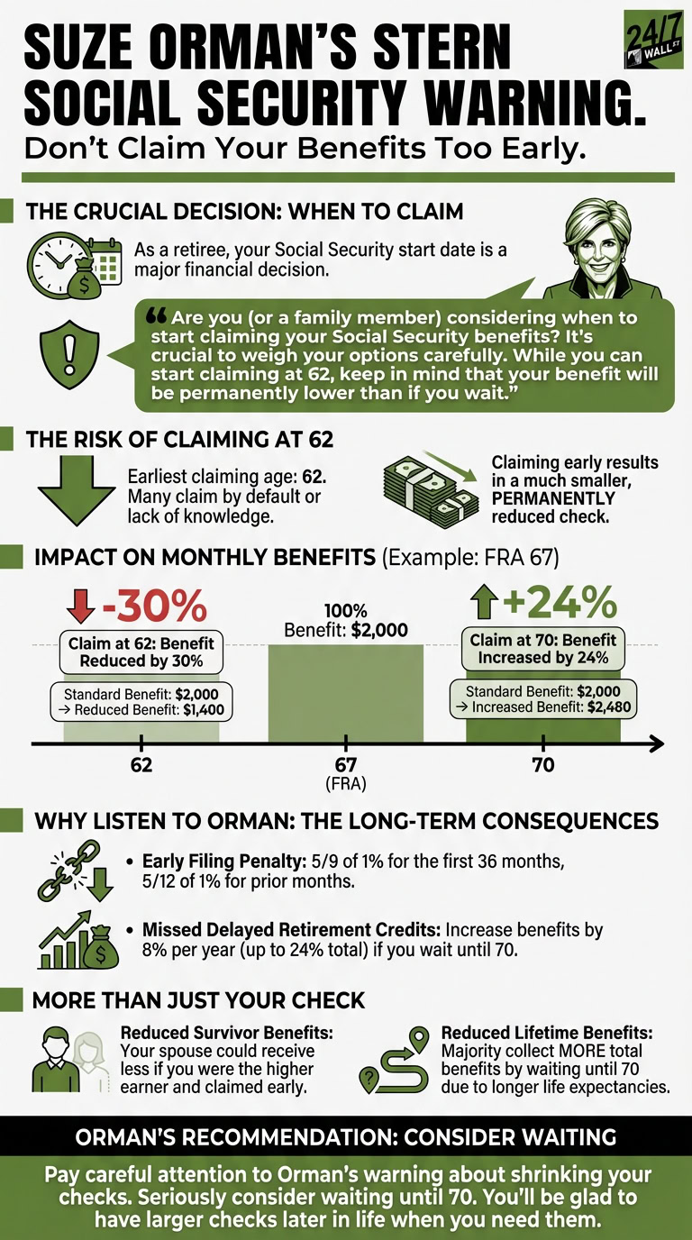 An infographic titled 'Suze Orman's Stern Social Security Warning: Don't Claim Your Benefits Too Early.' It visually compares Social Security benefits across different claiming ages, showing a 30% reduction at age 62 versus a 24% increase at age 70 relative to the full retirement age of 67.