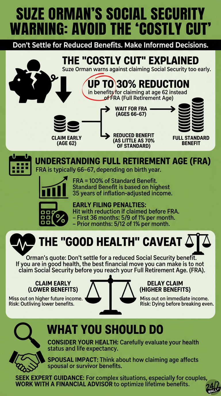An infographic visually explains Suze Orman's warning about the 'costly cut' in Social Security benefits from claiming too early, showing a cracked piggy bank, benefit reduction percentages, and advice on claiming decisions.