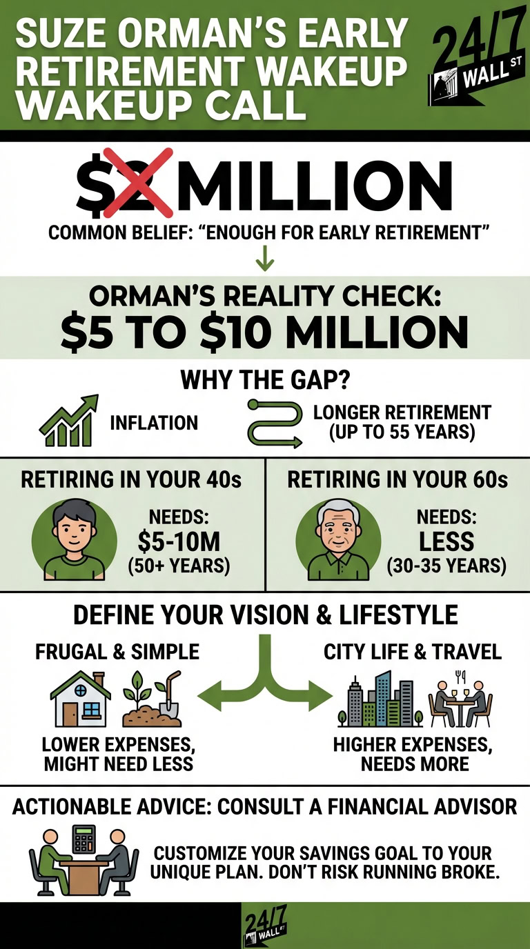 An infographic explaining Suze Orman's early retirement advice. It compares the common belief of needing $2 million to her reality check of $5-10 million, outlining factors like inflation, retirement age, and lifestyle choices, and advises consulting a financial advisor.