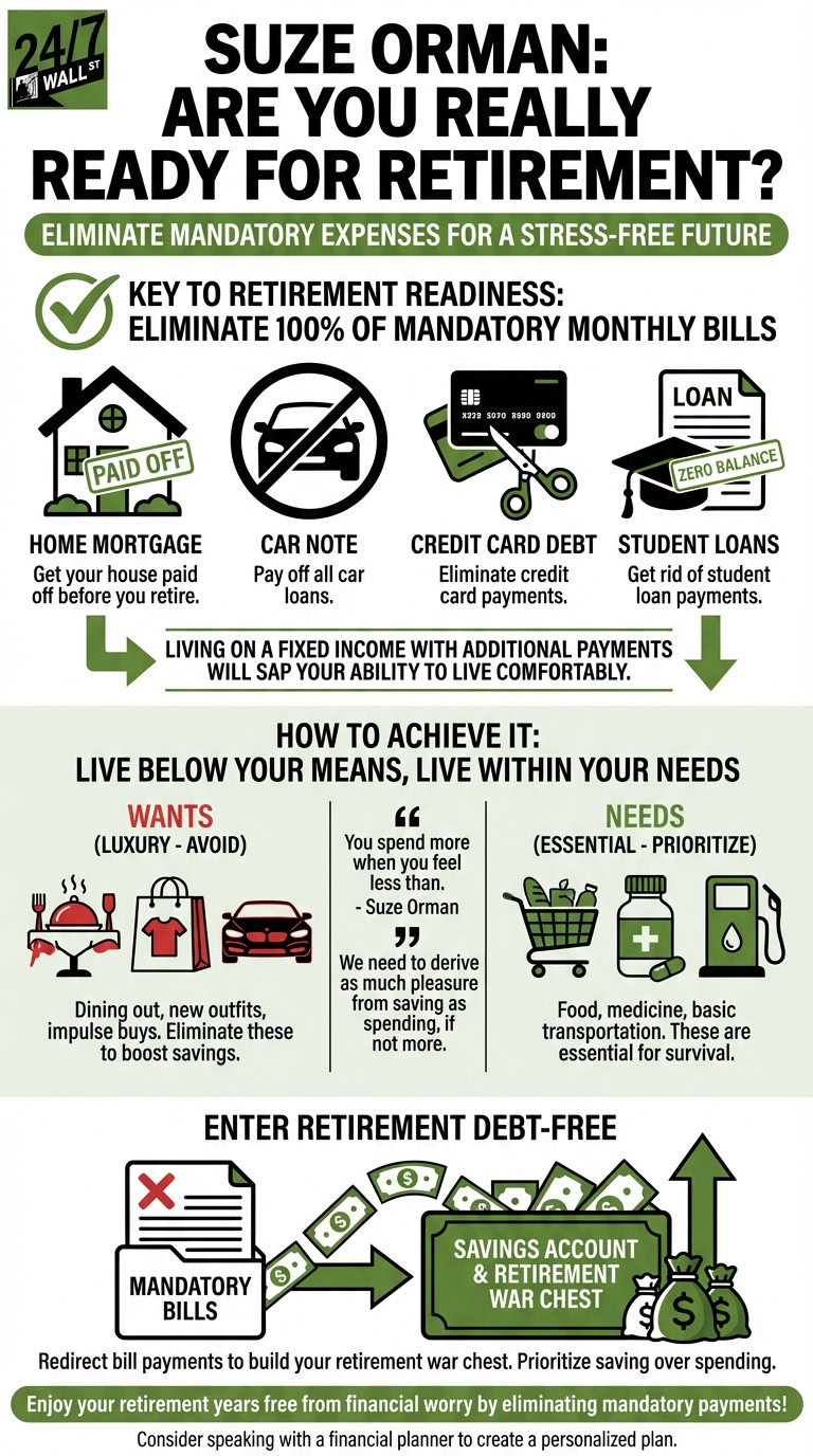 An infographic featuring financial advice from Suze Orman, outlining the importance of eliminating mandatory debts like mortgages, car notes, credit card debt, and student loans for retirement. It visually depicts diverting these bill payments into a retirement savings account.