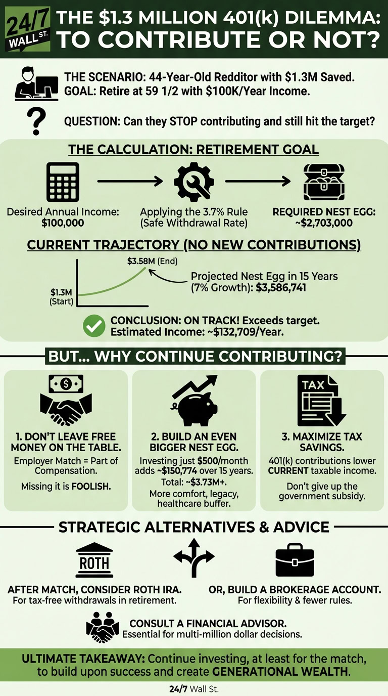 An infographic analyzing a $1.3 million 401(k) retirement dilemma, showing calculations for required nest egg, projected growth, and reasons to continue contributing, along with alternative investment strategies and advice.