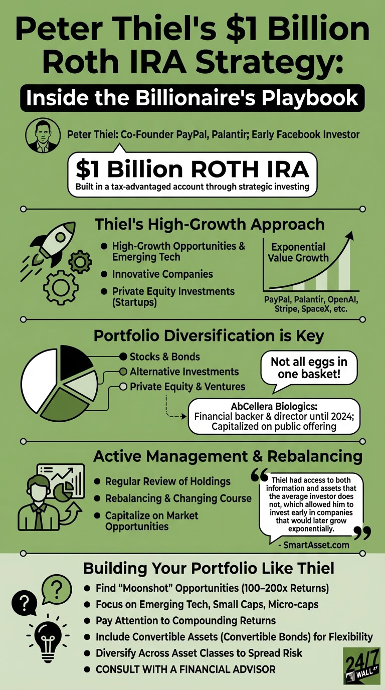 An infographic illustrating Peter Thiel's investment strategy for building a $1 billion Roth IRA, featuring sections on high-growth investments, portfolio diversification, active management, and tips for replicating his approach.