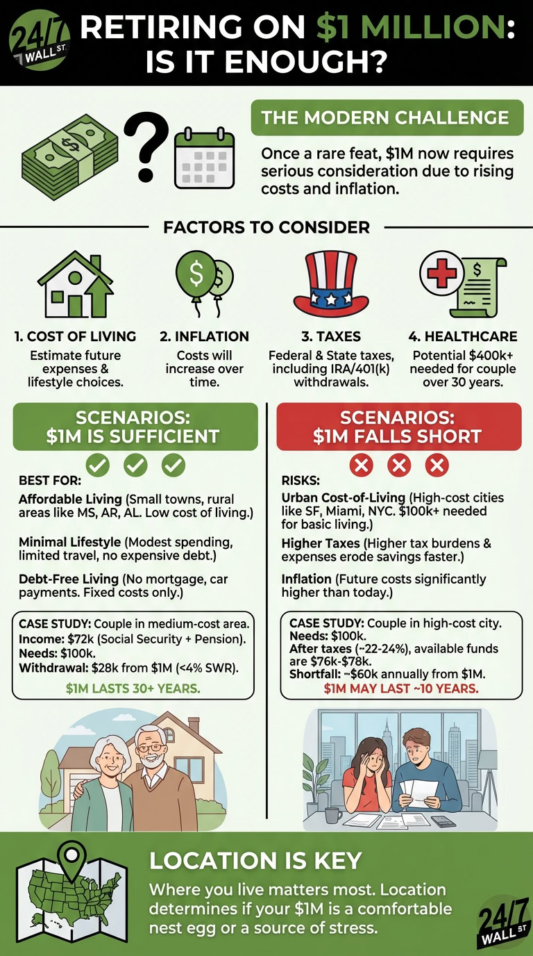 An infographic showing that $1 million may or may not be enough for retirement, with illustrations of a happy elderly couple in a house and a stressed younger couple looking at papers, emphasizing the critical role of location on a US map.