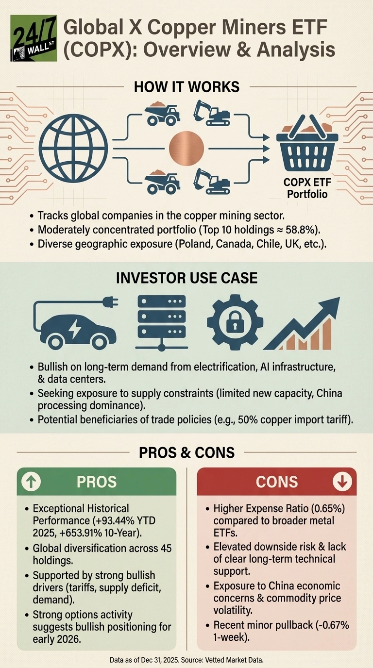 An infographic titled 'Global X Copper Miners ETF (COPX): Overview &amp; Analysis'. The infographic is divided into three main sections. The 'How It Works' section shows a global icon connecting to copper mining illustrations (trucks, excavators, copper ore) which then connect to a shopping basket labeled 'COPX ETF Portfolio'. Text below describes it tracks global companies, has a concentrated portfolio, and diverse geographic exposure. The 'Investor Use Case' section features icons of an electric car, data servers, a locked gear, and an upward trend graph, with text detailing demand from electrification and AI, exposure to supply constraints, and potential trade policy benefits. The 'Pros &amp; Cons' section is presented in two columns. The left column, labeled 'Pros' in a green box with an up arrow, lists exceptional historical performance (+93.44% YTD 2025, +653.91% 10-Year), global diversification across 45 holdings, support from bullish drivers, and strong options activity. The right column, labeled 'Cons' in a red box with a down arrow, lists a higher expense ratio (0.65%), elevated downside risk, exposure to China economic concerns, and a recent minor pullback (-0.67% 1-week). The infographic also notes 'Data as of Dec 31, 2025. Source: Vetted Market Data'.