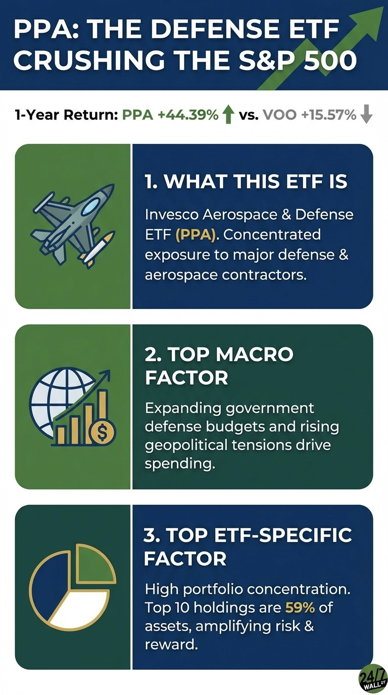 An infographic titled 'PPA: THE DEFENSE ETF CRUSHING THE S&amp;P 500'. It shows a 1-Year Return comparison: PPA at +44.39% with a green upward arrow, versus VOO at +15.57% with a grey downward arrow. The infographic is divided into three sections. Section 1, 'WHAT THIS ETF IS', features a fighter jet and missile icon, describing PPA as the Invesco Aerospace &amp; Defense ETF with concentrated exposure to major defense and aerospace contractors. Section 2, 'TOP MACRO FACTOR', displays a globe with an upward-trending bar chart and dollar sign, explaining that expanding government defense budgets and rising geopolitical tensions drive spending. Section 3, 'TOP ETF-SPECIFIC FACTOR', shows a pie chart with a large highlighted slice, stating that high portfolio concentration, with top 10 holdings at 59% of assets, amplifies risk and reward. The infographic uses dark blue and dark green backgrounds for its content blocks.