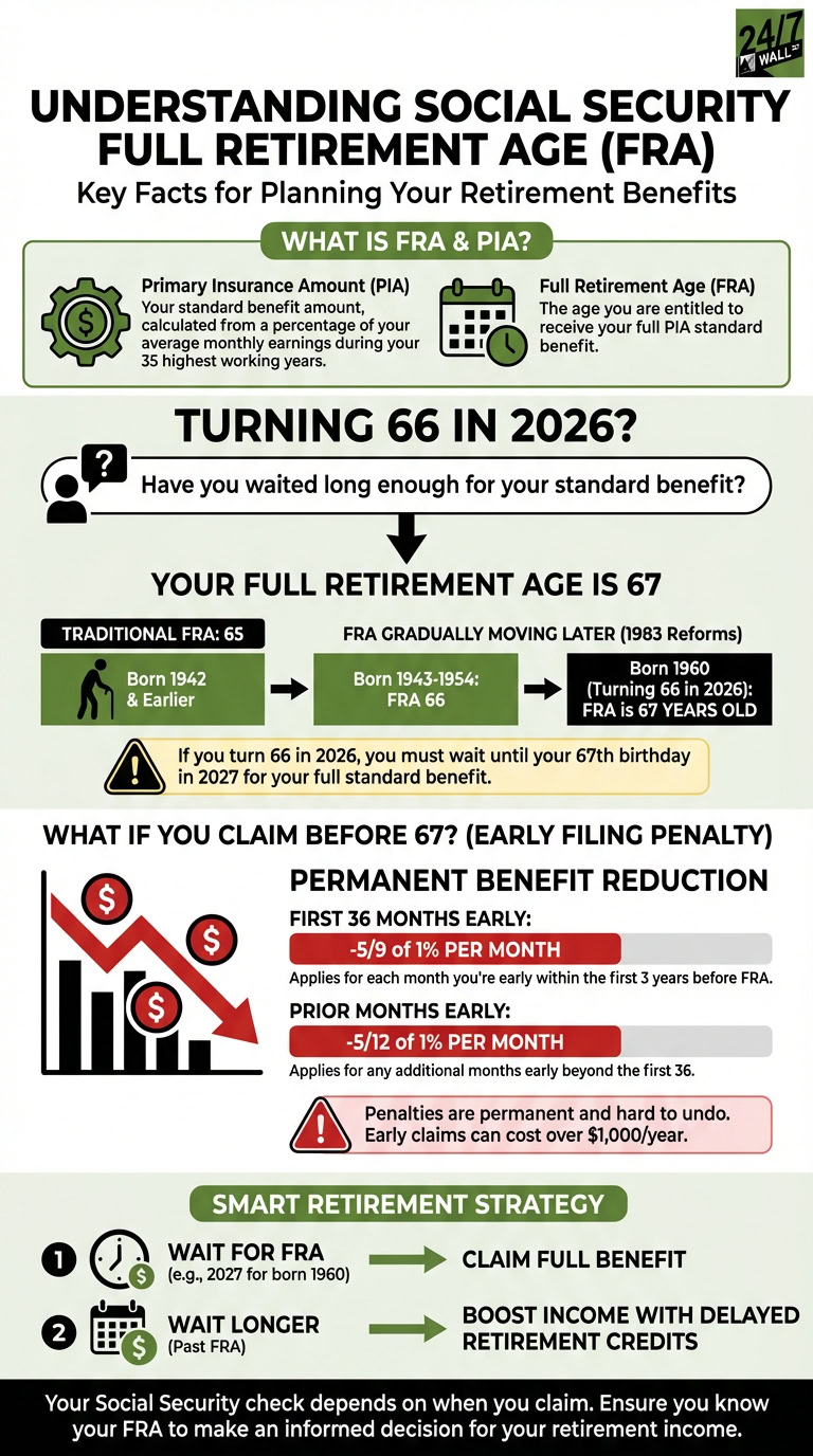An infographic explaining Social Security Full Retirement Age, showing age shifts from 65 to 67, penalties for early claims, and strategies to maximize benefits.
